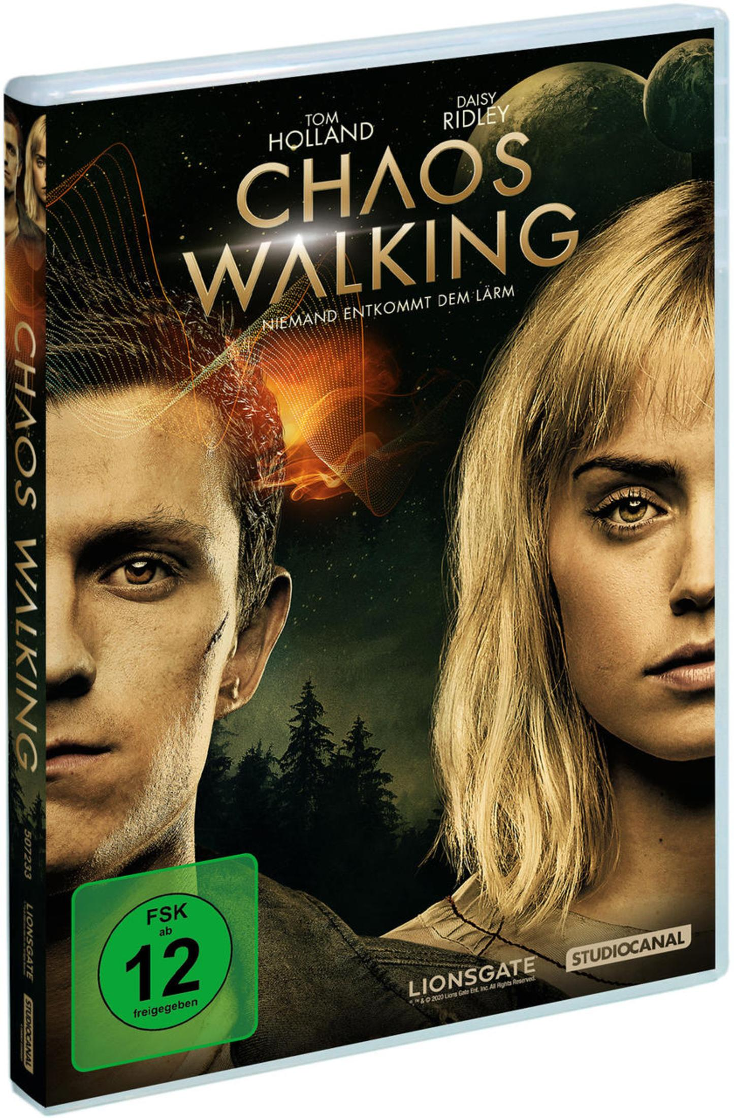 DVD-Hülle von Chaos Walking mit Tom Holland und Daisy Ridley vor einem dunklen Wald.