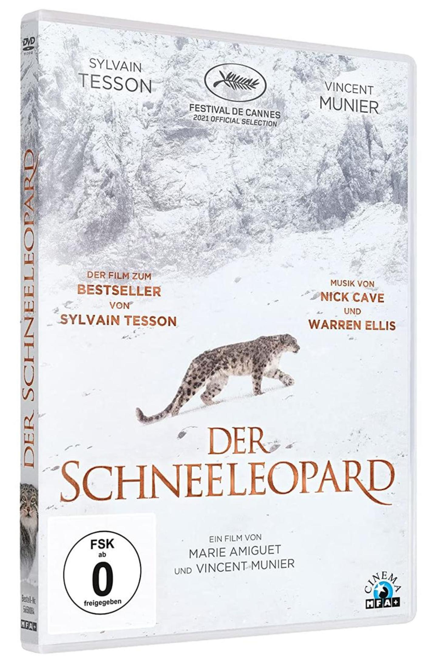 DVD-Cover von Der Schneeleopard mit einem Leoparden vor einer schneebedeckten Bergwand und FSK-0-Siegel.