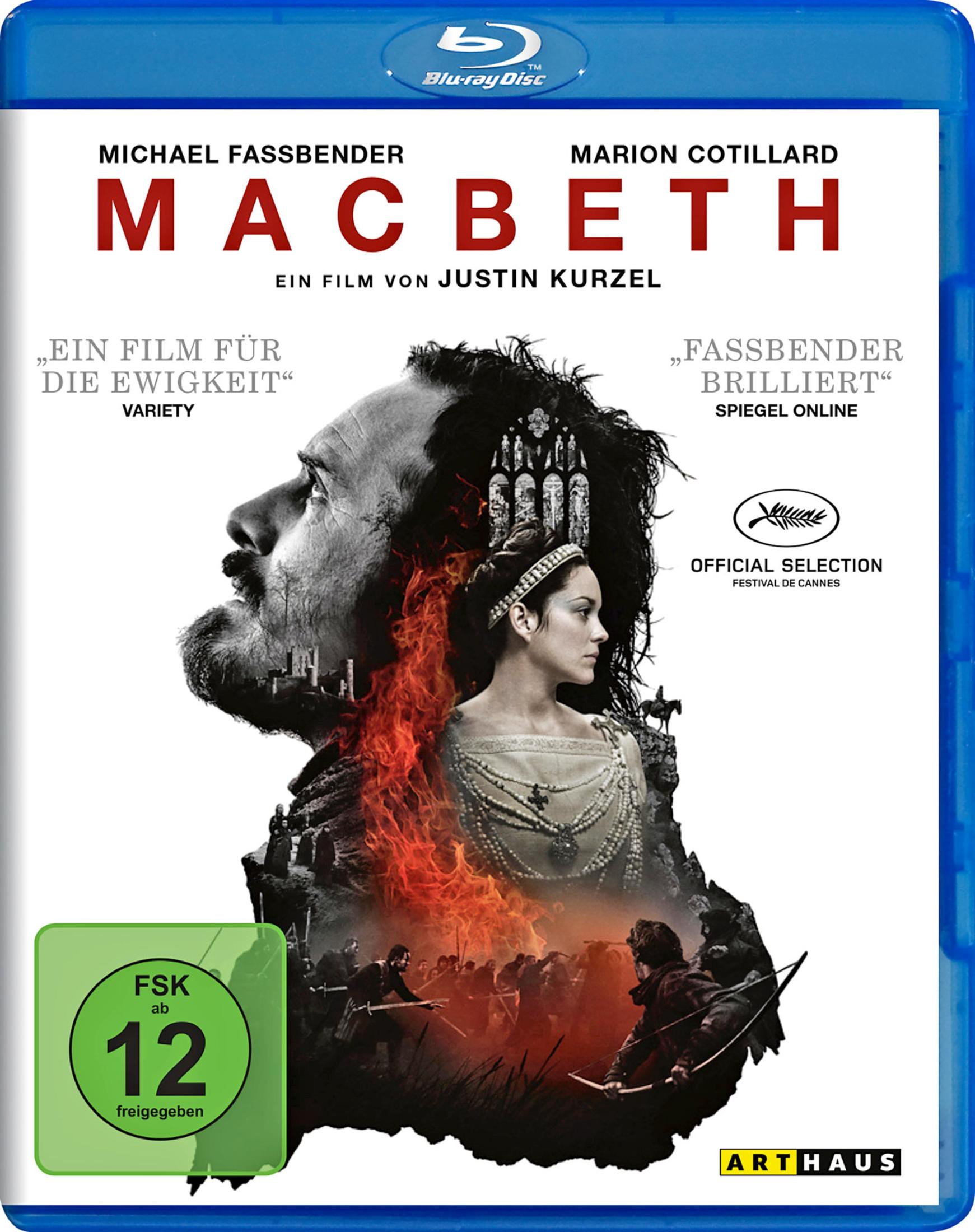 Blu-ray-Cover von Macbeth mit Michael Fassbender und Marion Cotillard, im Hintergrund Flammen und Schlachtszenen.