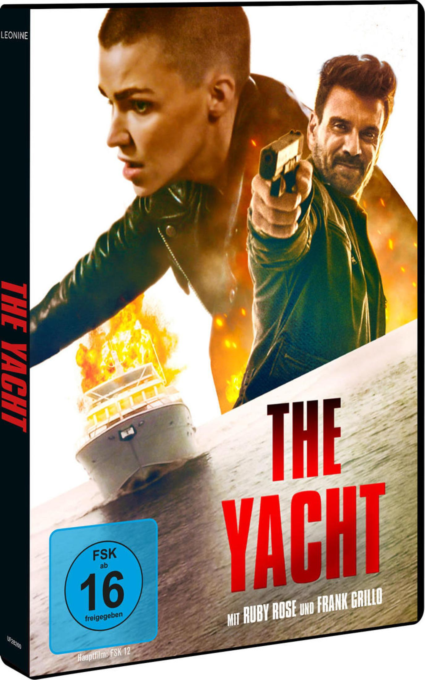 DVD-Cover für The Yacht mit Ruby Rose und Frank Grillo, im Hintergrund ein brennendes Boot und eine Waffe.