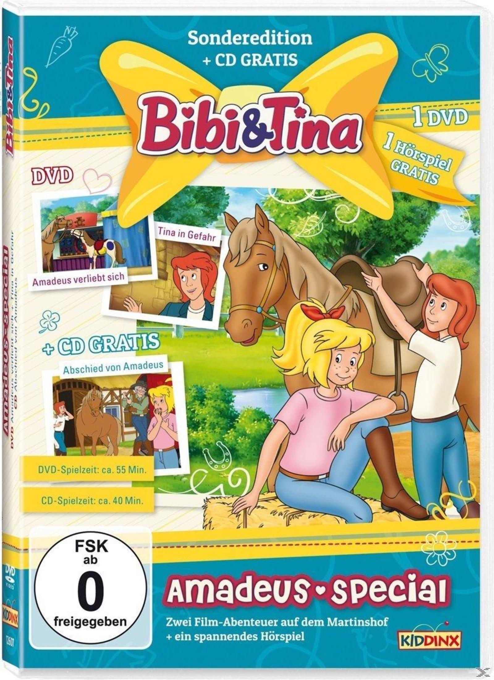 DVD-Cover von Bibi & Tina mit zwei Mädchen, einem Pferd und Szenenbildern vor einer grünen Landschaft.
