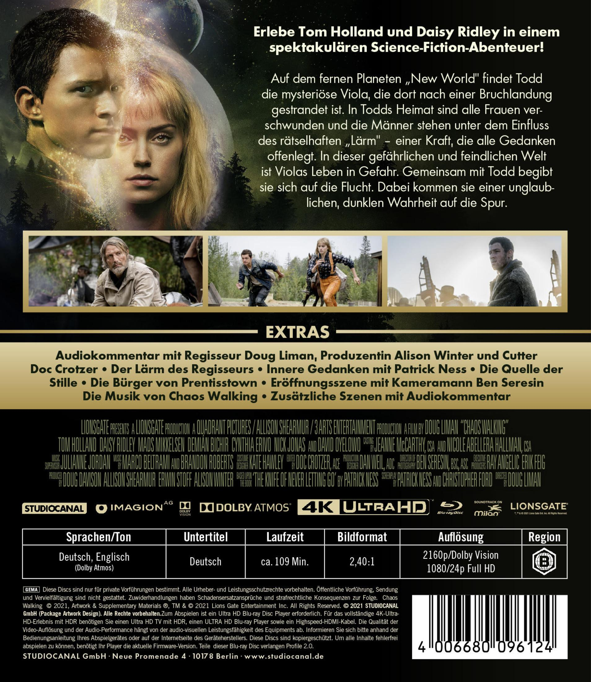 Chaos Walking Blu-ray Cover mit Tom Holland, Daisy Ridley und Szenenbildern sowie Filminfos.