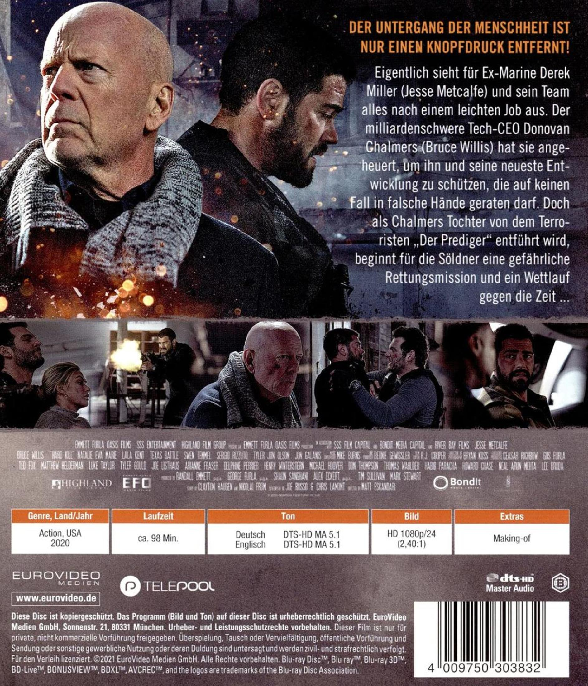 DVD-Rückseite des Actionfilms Hard Kill mit Bruce Willis, Text und Szenenbildern.