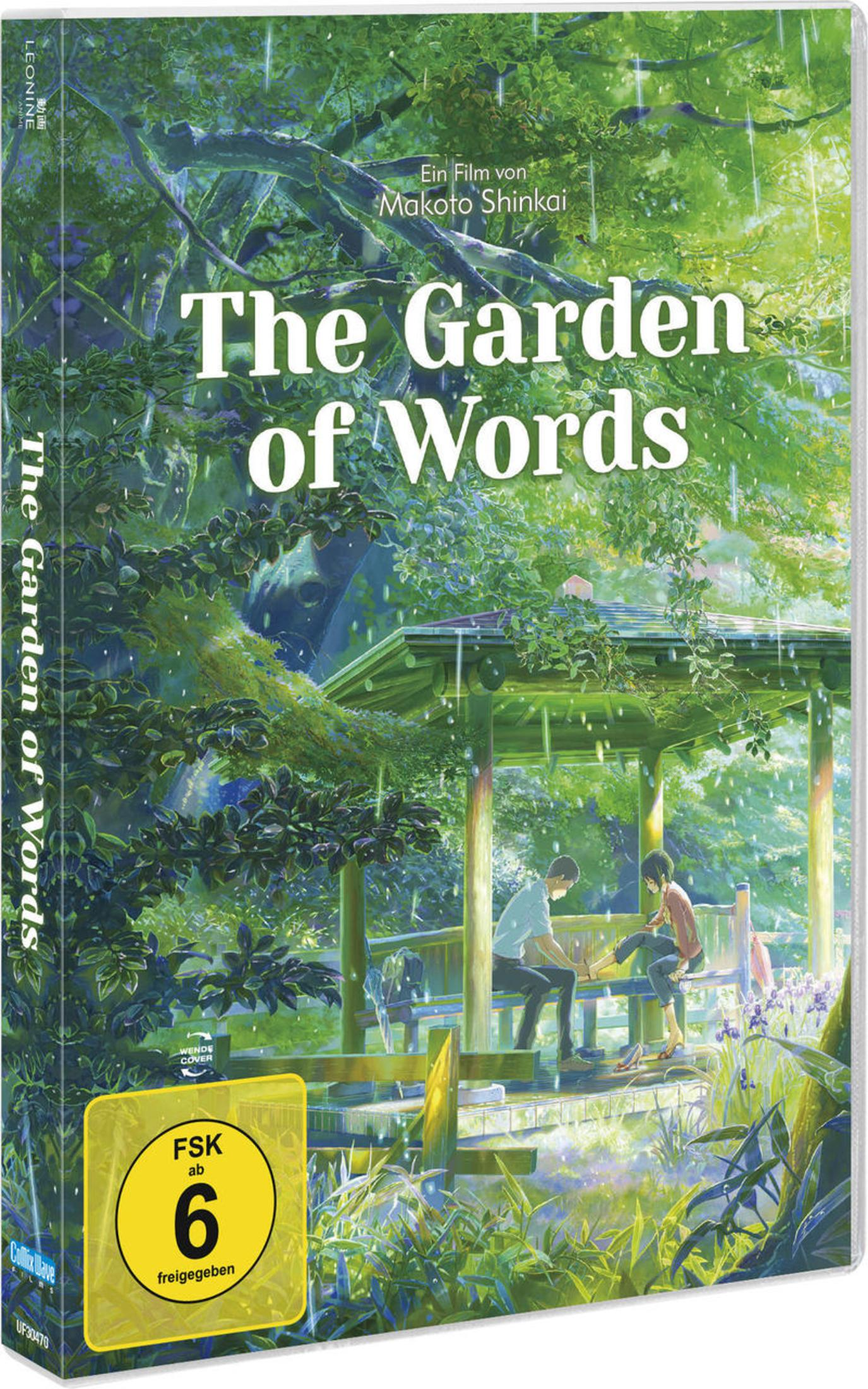 DVD-Cover von The Garden of Words mit einem Paar in einem grünen Pavillon im Regen.