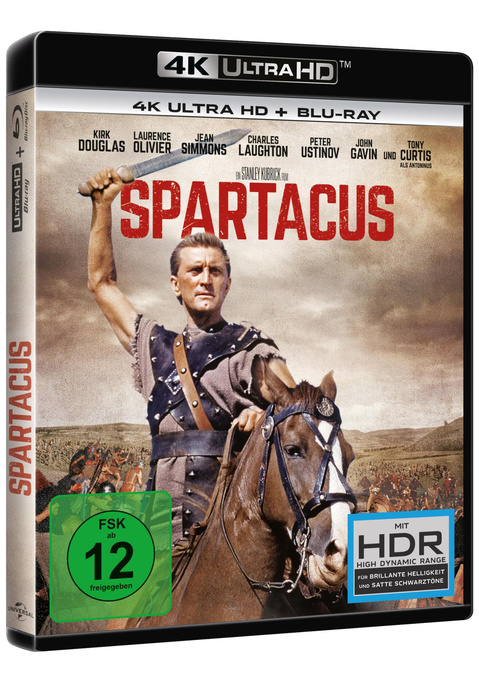 Spartacus 4K Ultra HD Blu-ray Cover mit Kirk Douglas auf einem Pferd mit Schwert vor einer Schlacht.
