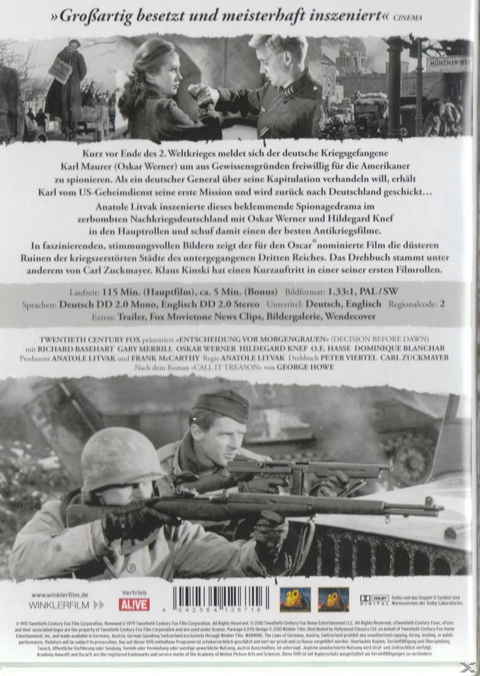 DVD-Rückseite des Films Entscheidung vor Morgengrauen mit Szenenbildern, Inhaltsangabe und technischen Details.