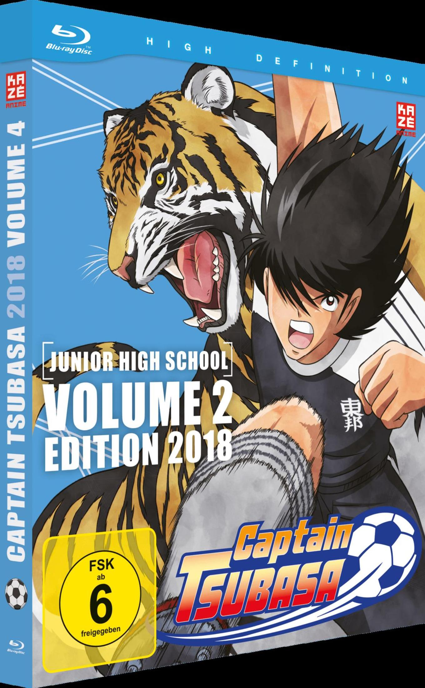 Anime-Blu-ray-Hülle zeigt einen kämpfenden Jungen mit einem wilden Tiger und dem Titel Captain Tsubasa.