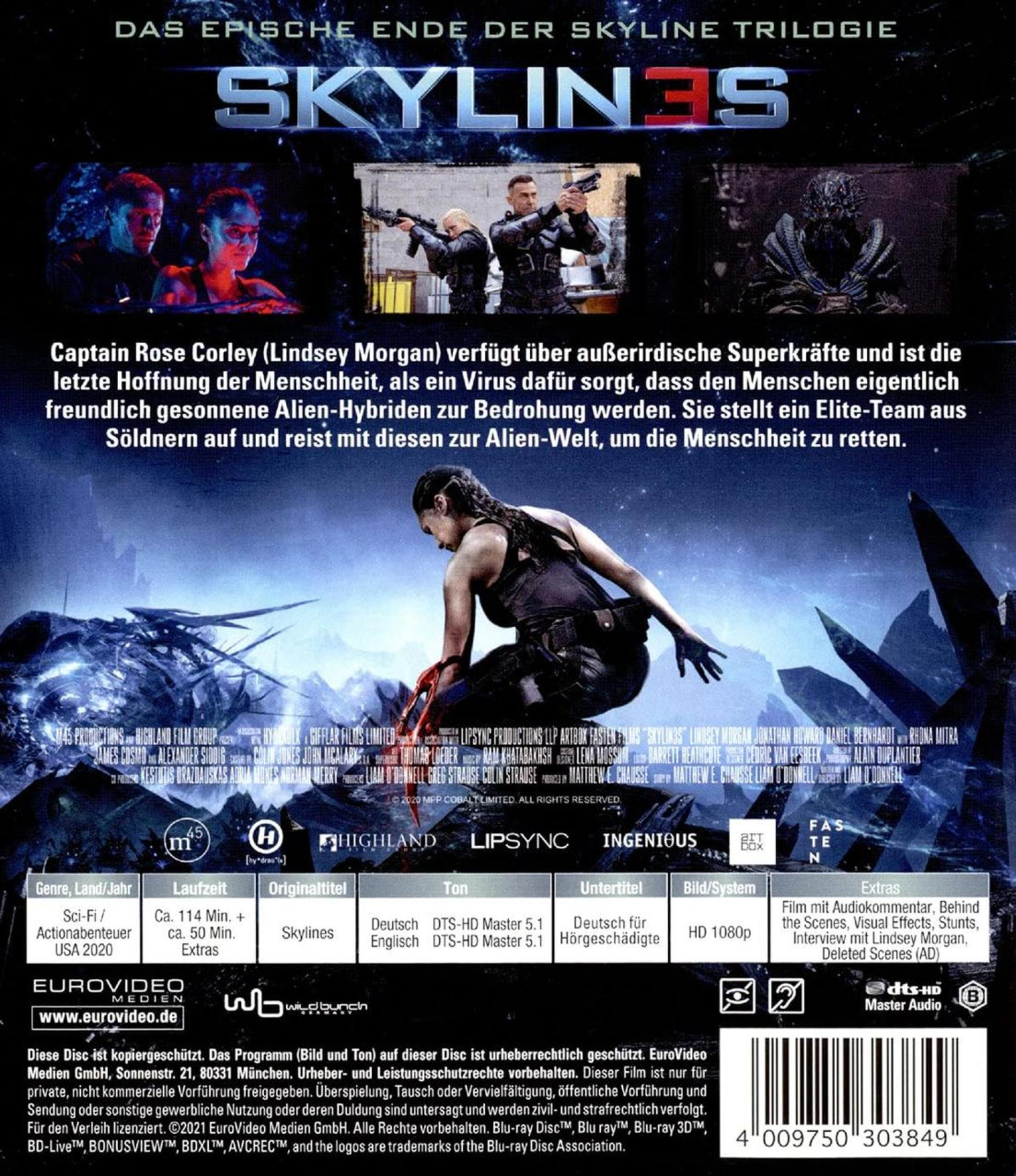 DVD-Hülle des Sci-Fi-Films Skylines mit Text, Szenenbildern, Crew-Infos und technischen Details.
