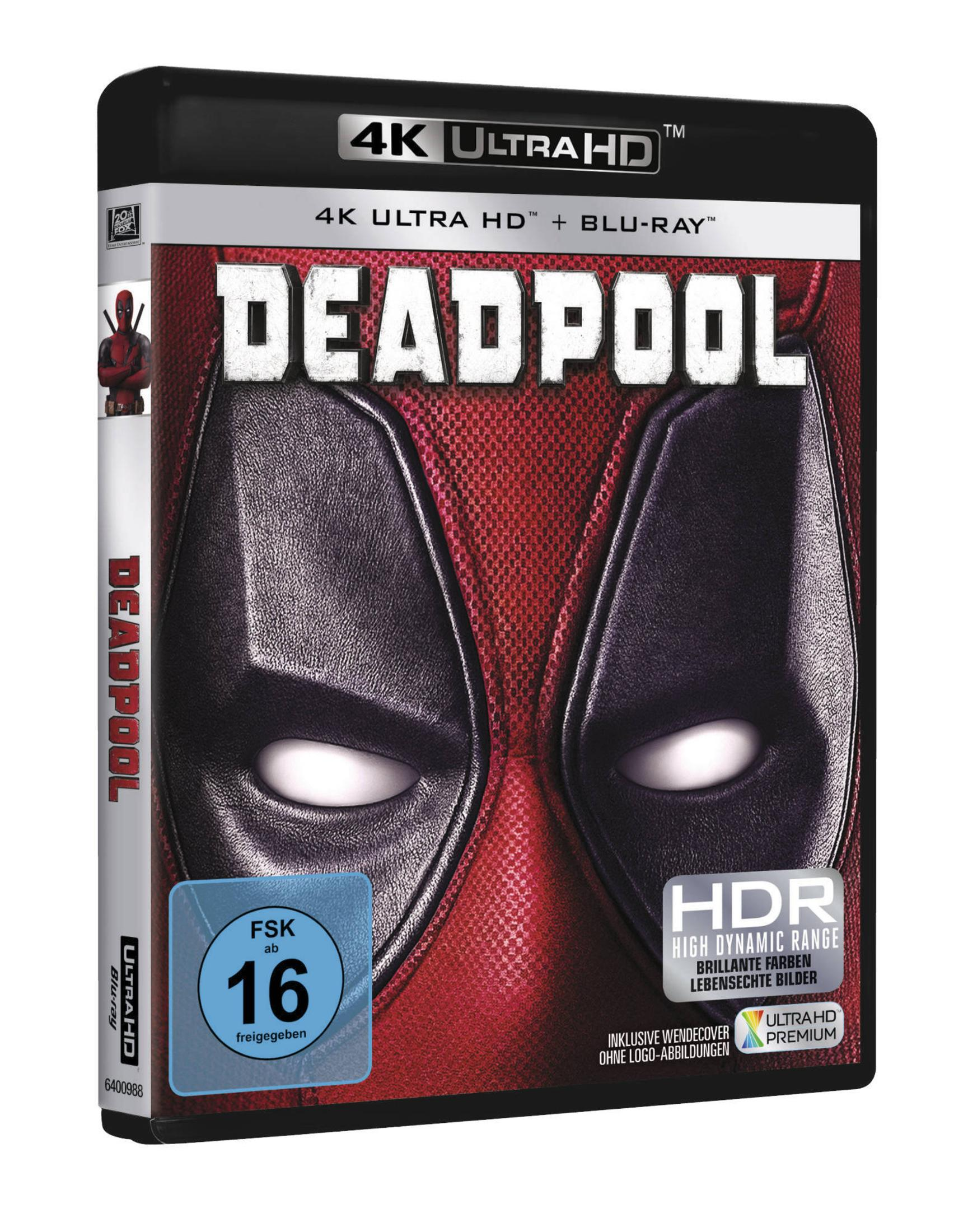 Deadpool 4K Ultra HD Blu-ray Cover mit rotem Maskenmotiv und FSK-16-Logo.