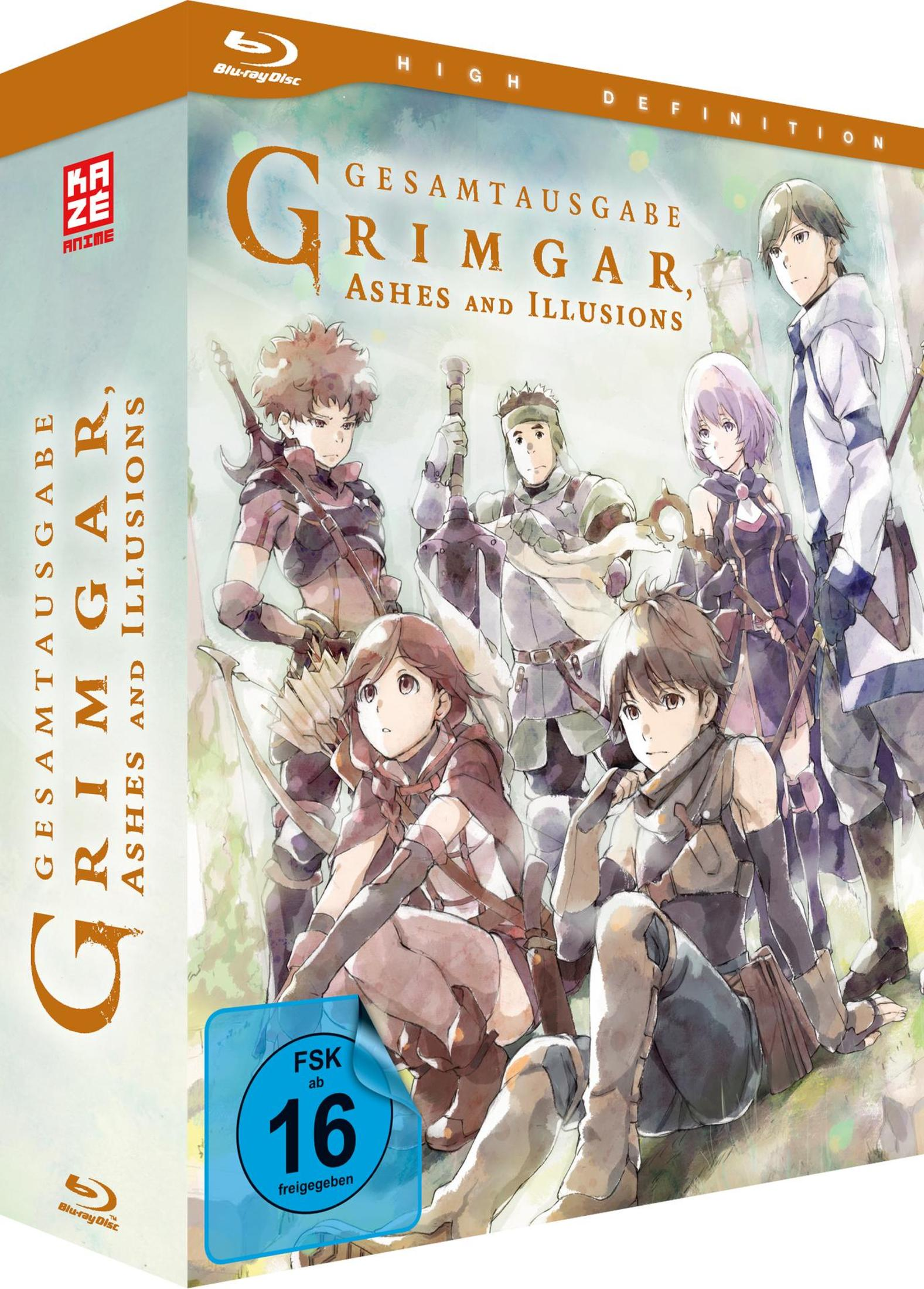 Blu-ray-Hülle des Anime Grimgar, Ashes and Illusions mit sechs Charakteren und FSK-16-Altersfreigabe.