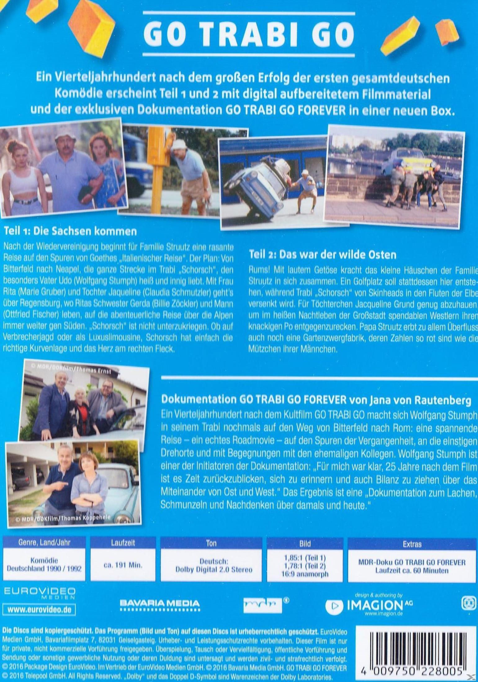 Filmplakat für Go Trabi Go mit blauen Hintergrund, Text und Fotos der Schauspieler.