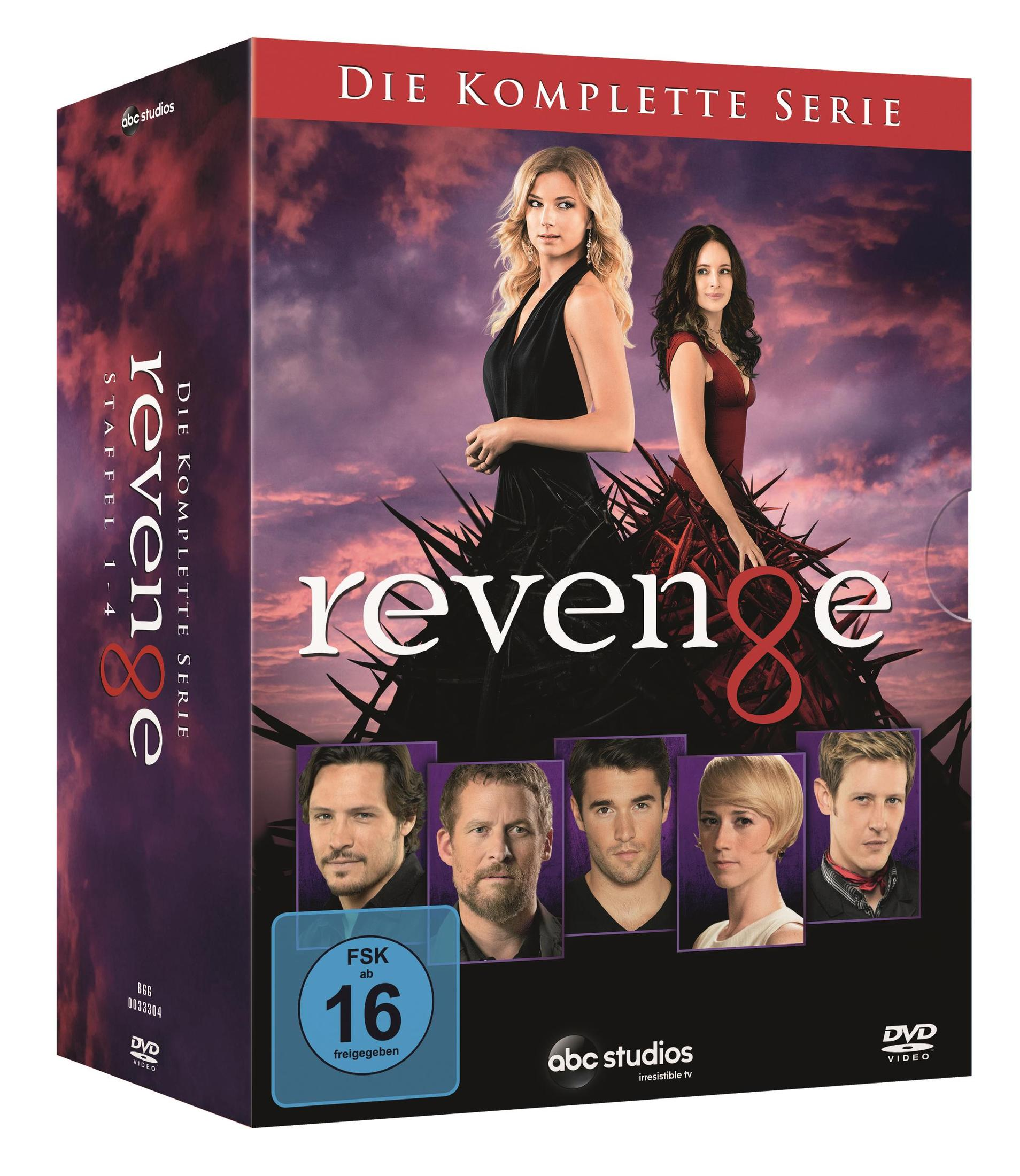 DVD-Box der Serie Revenge mit zwei Frauen vor stürmischem Himmel und fünf Porträts im unteren Bereich.