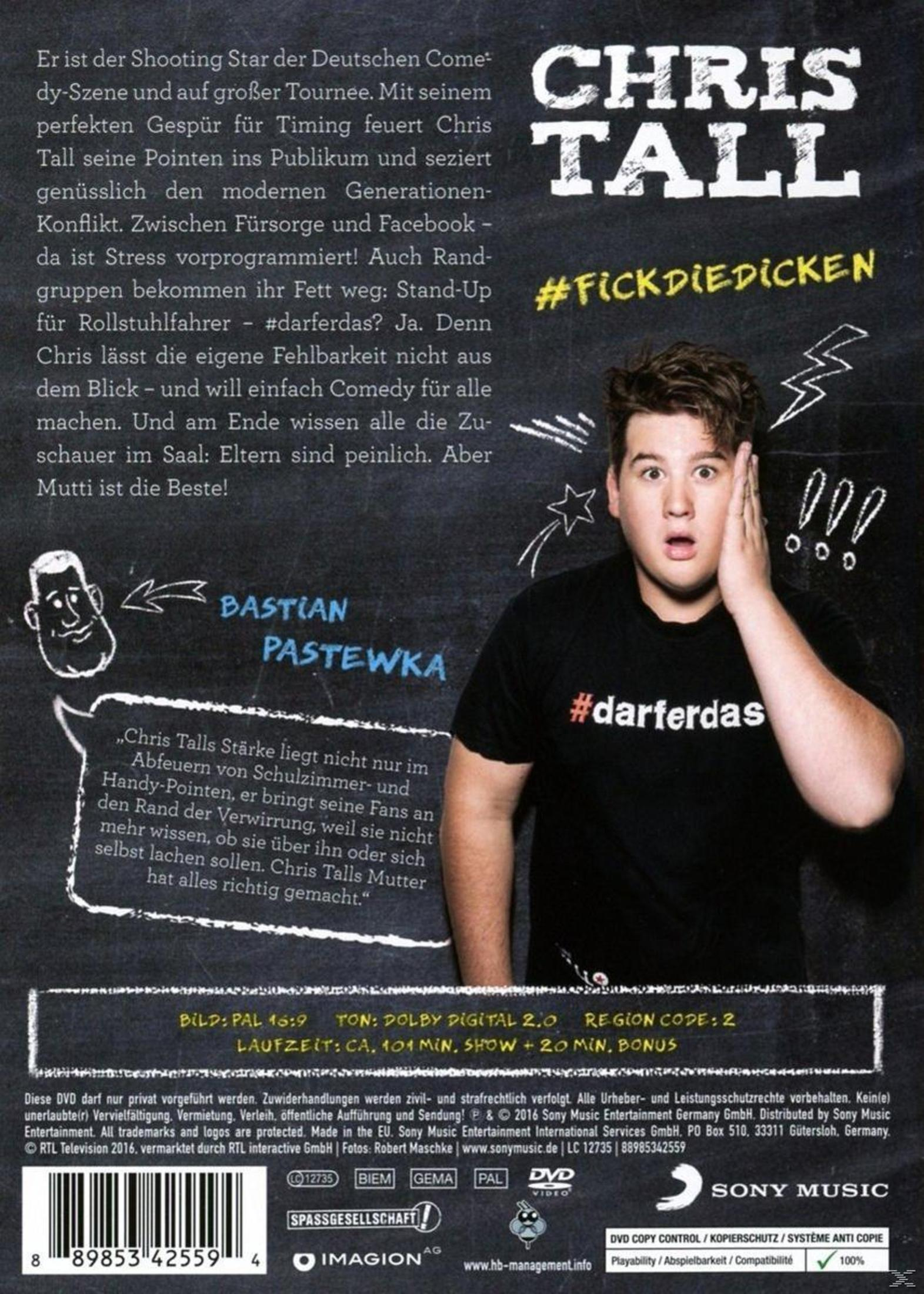 DVD-Cover mit Comedian Chris Tall vor dunklem Hintergrund, Texten und Grafiken.