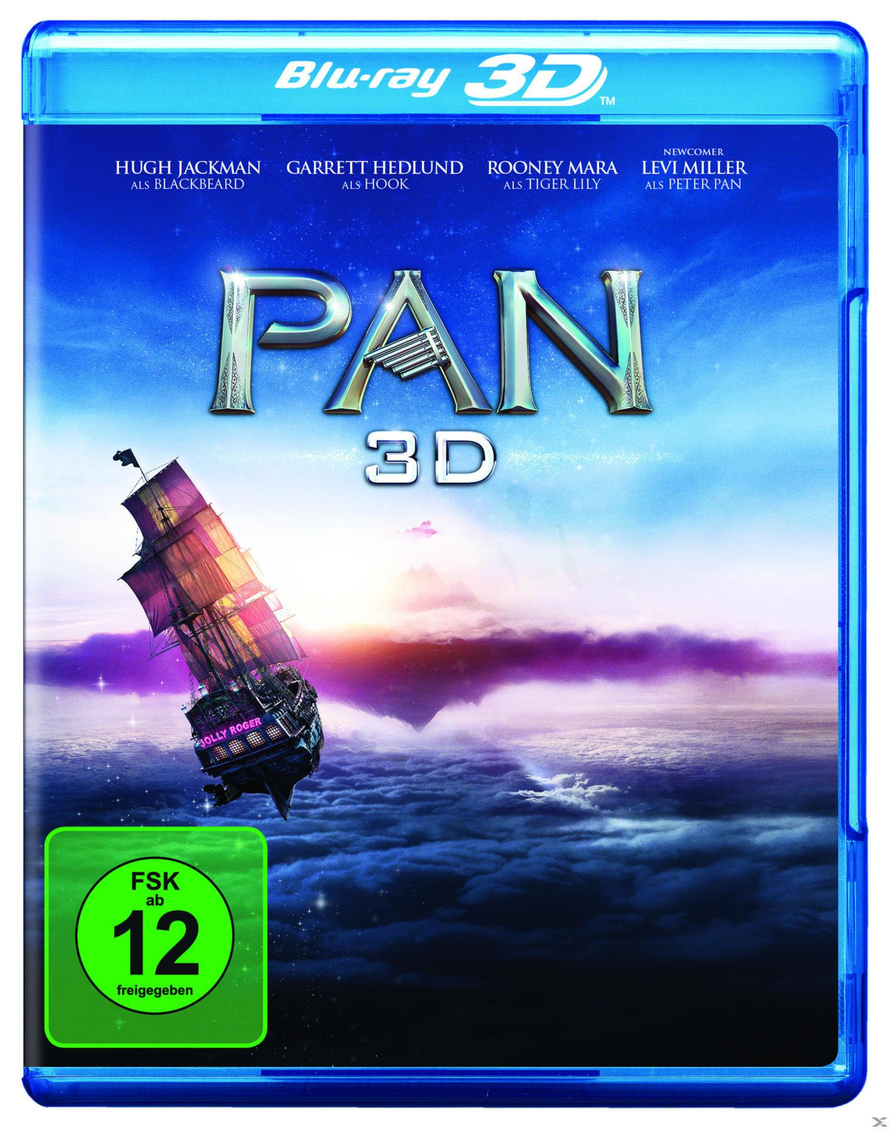 Pan 3D Blu-ray-Cover mit fliegendem Piratenschiff über den Wolken und FSK 12-Altersfreigabe.