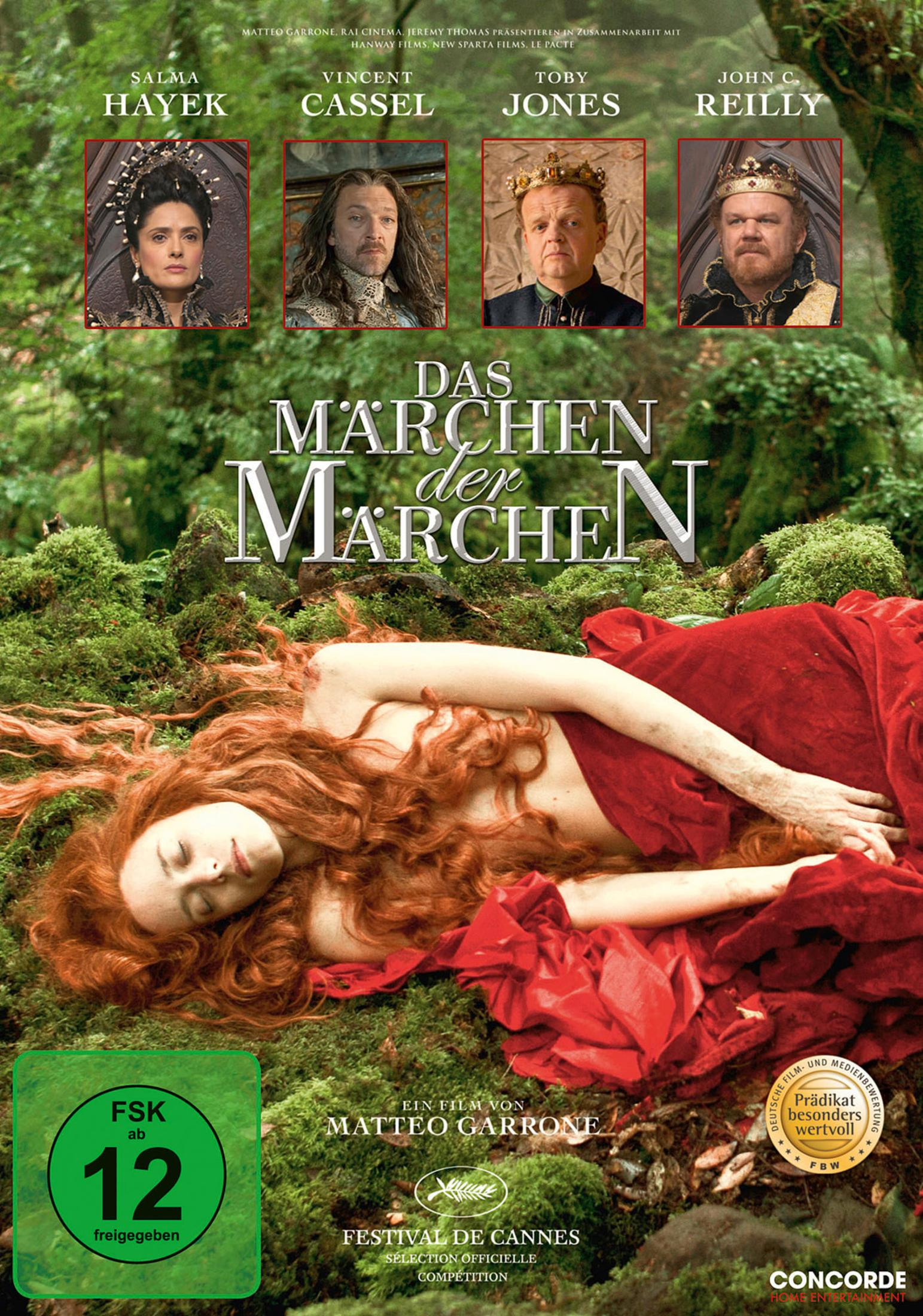 Filmposter zu Das Märchen der Märchen mit rothaariger Frau im Wald und vier Charakterporträts.