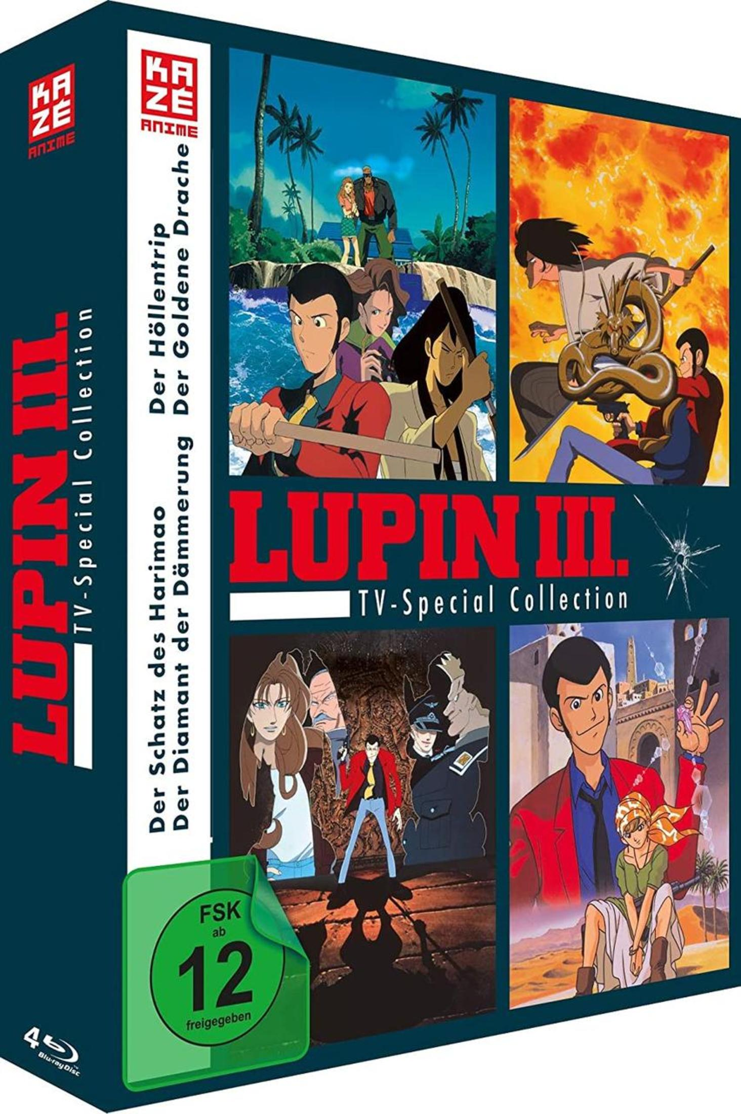 DVD-Box von Lupin III TV-Special Collection mit vier Szenenbildern, Charakteren und FSK 12-Siegel.