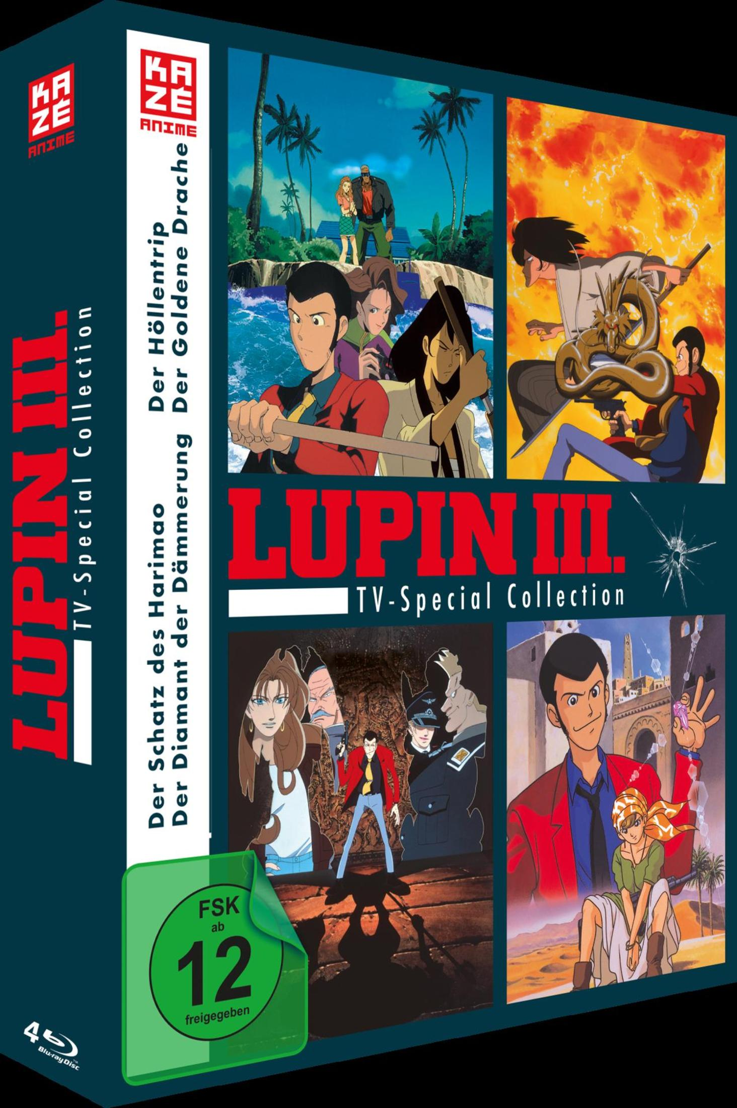 Lupin III TV-Special Collection Blu-ray Box mit vier Anime-Bildern und FSK 12 Logo.