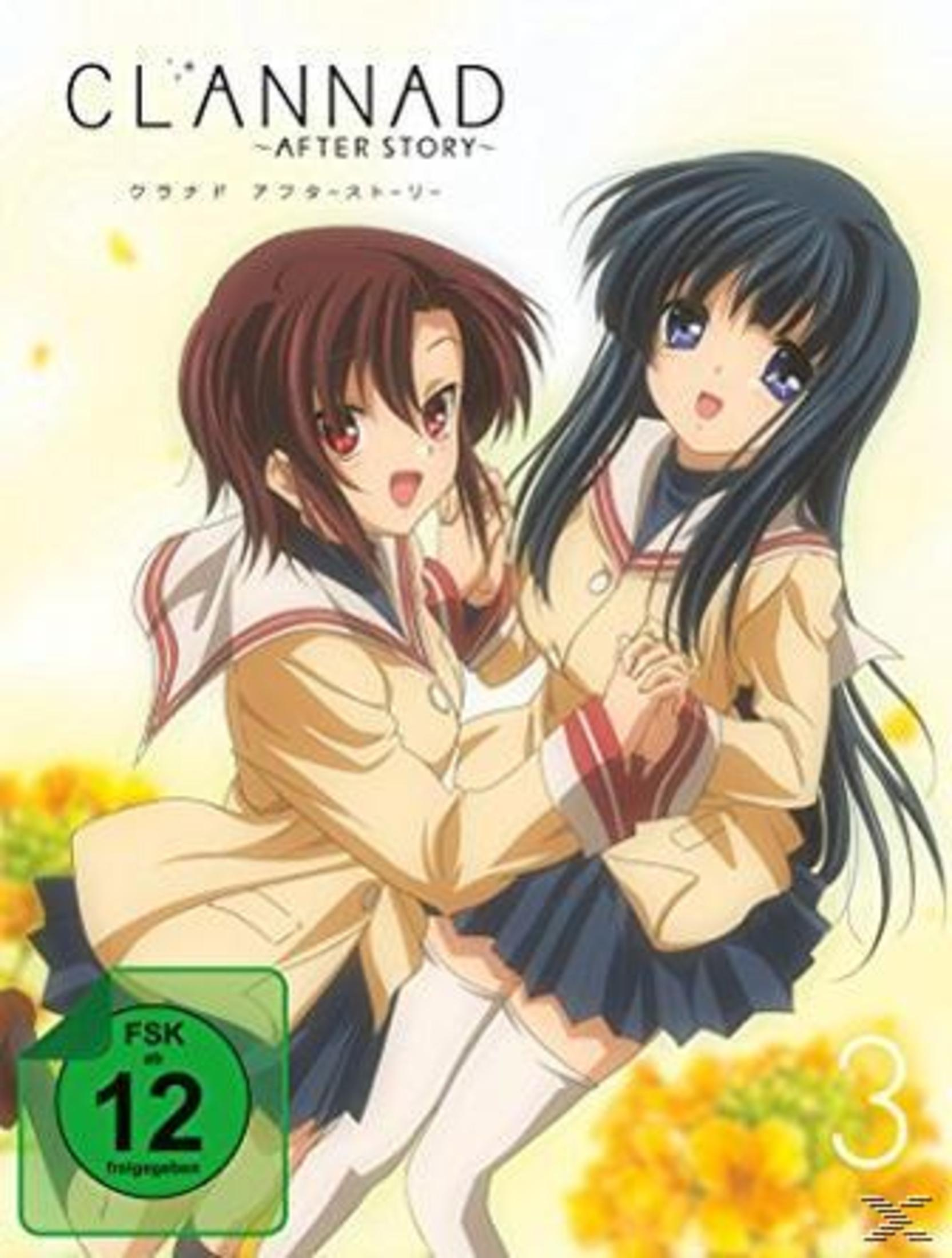 Clannad After Story Cover mit zwei fröhlichen Anime-Schülerinnen in Uniform und FSK-12-Symbol.