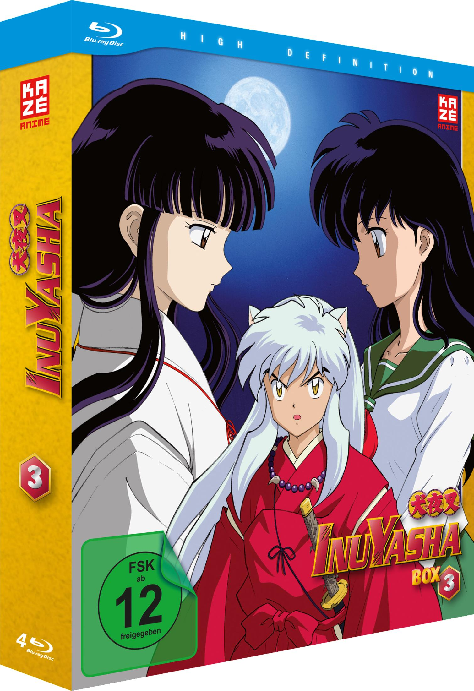Anime-Blu-ray-Hülle mit Inuyasha und zwei Versionen von Kagome vor nächtlichem Vollmondhintergrund.