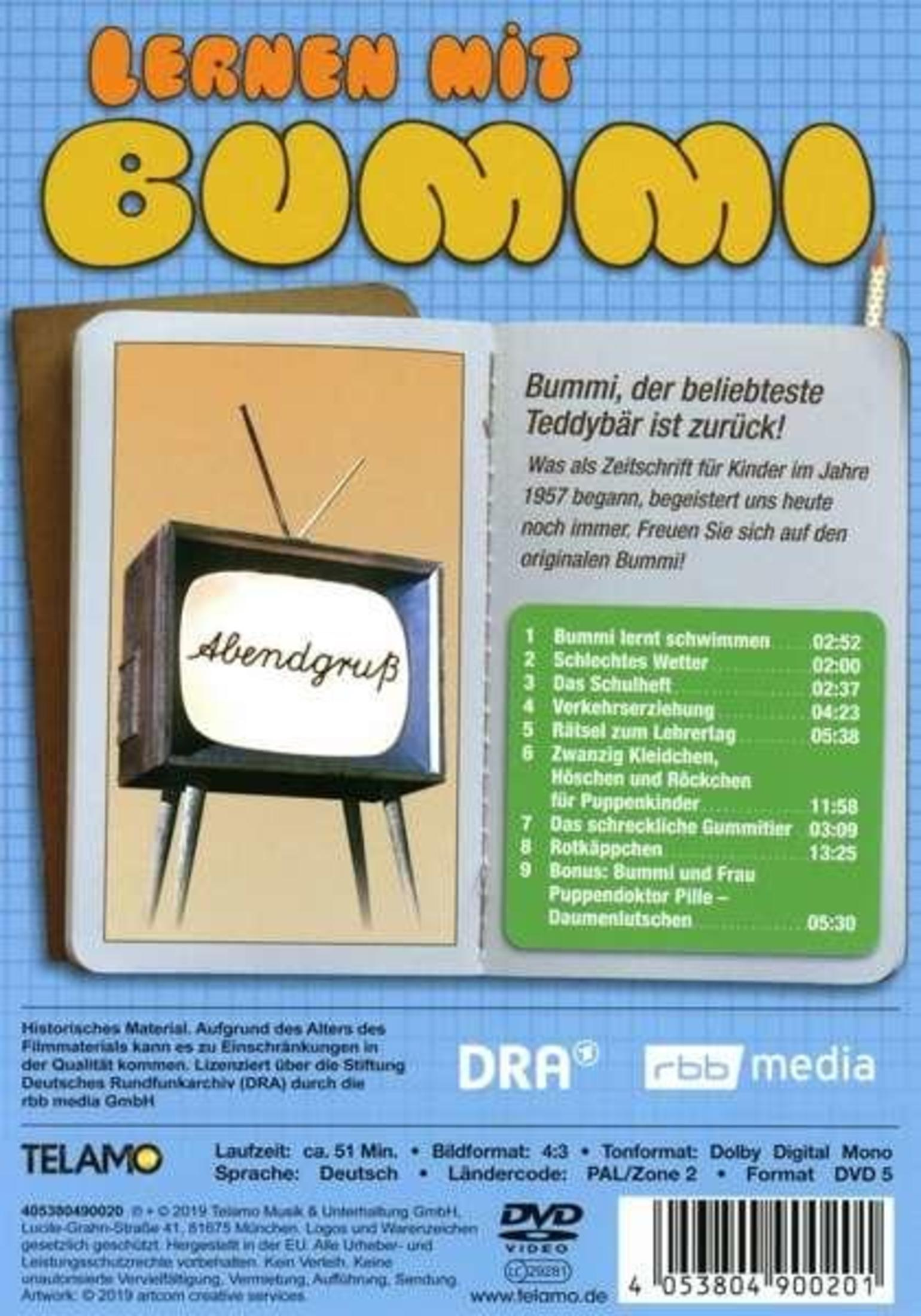DVD-Hülle von Lernen mit Bummi mit altem Fernseher, Text und grüner Tracklist auf blauem karierten Hintergrund.