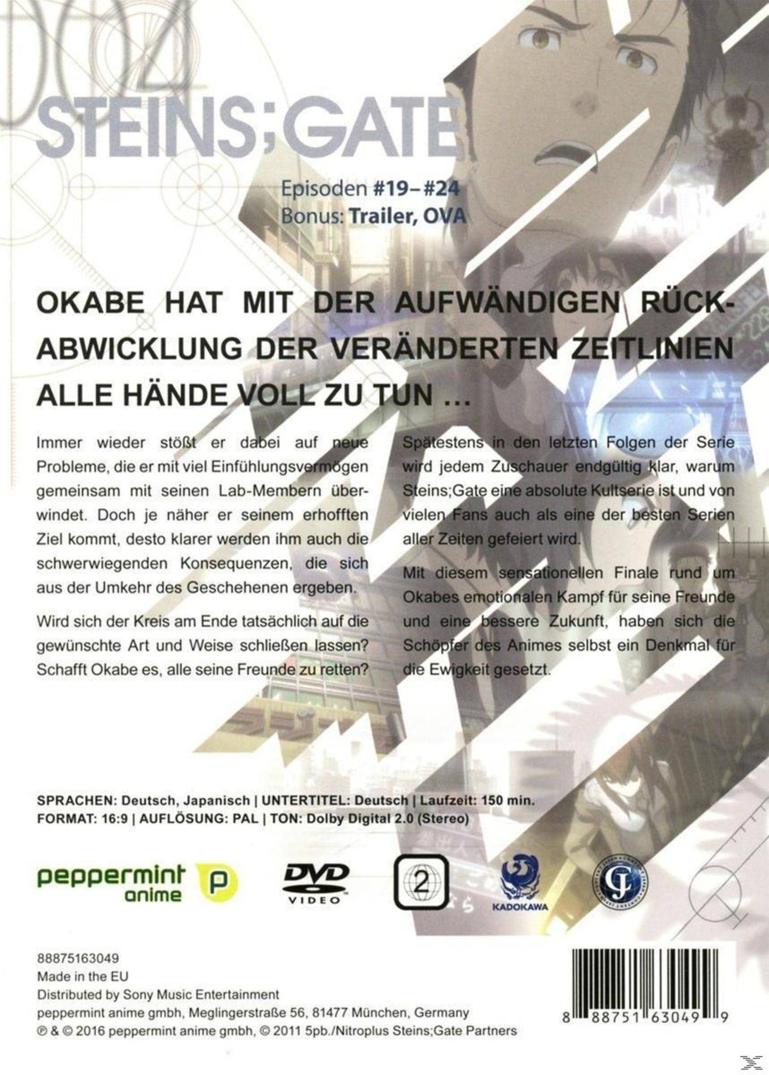 DVD-Rückseite von Steins;Gate, Episoden 19 bis 24, mit Texten auf Deutsch, Bildern und Logos von Peppermint Anime.