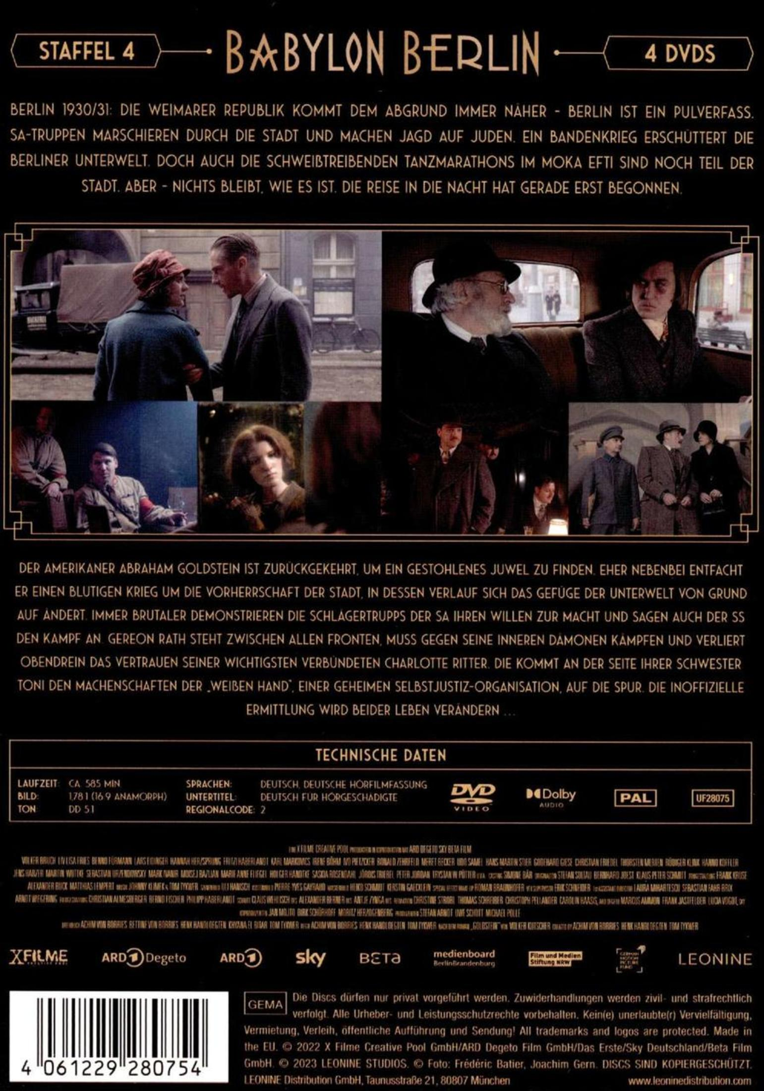 DVD-Rückseite von Babylon Berlin Staffel 4 mit Texten, Szenenbildern und technischen Daten auf schwarzem Grund.