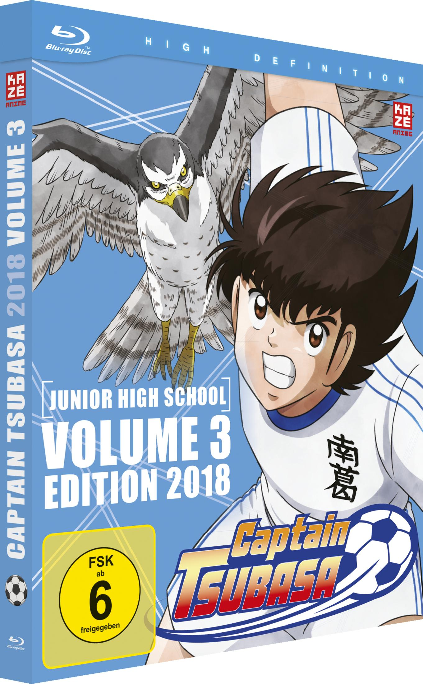 Blu-Ray-Cover von Captain Tsubasa Vol. 3, 2018, mit Fußballspieler und Falke vor blauem Hintergrund.