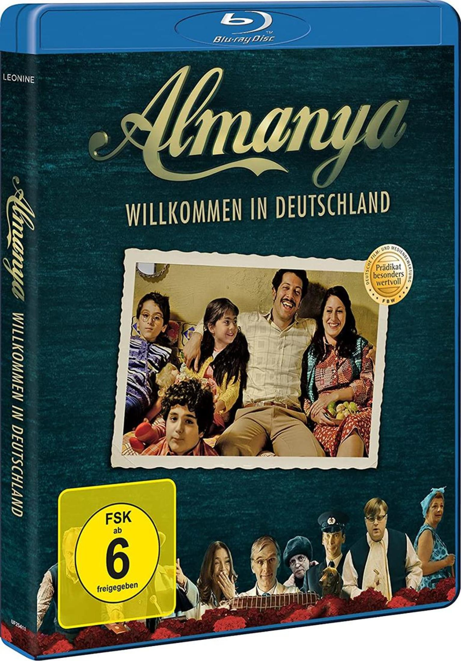 Blu-ray-Hülle des Films "Almanya - Willkommen in Deutschland" mit glücklicher Familie und FSK-6-Logo.