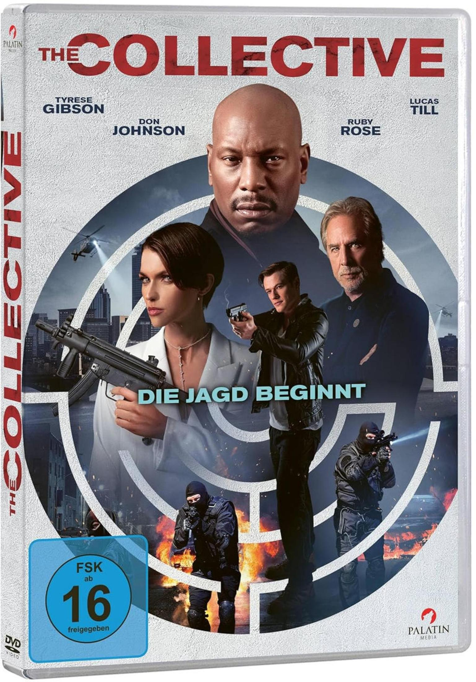 DVD-Cover von The Collective mit vier Hauptdarstellern, Schützen und Explosionen vor einer Stadt.