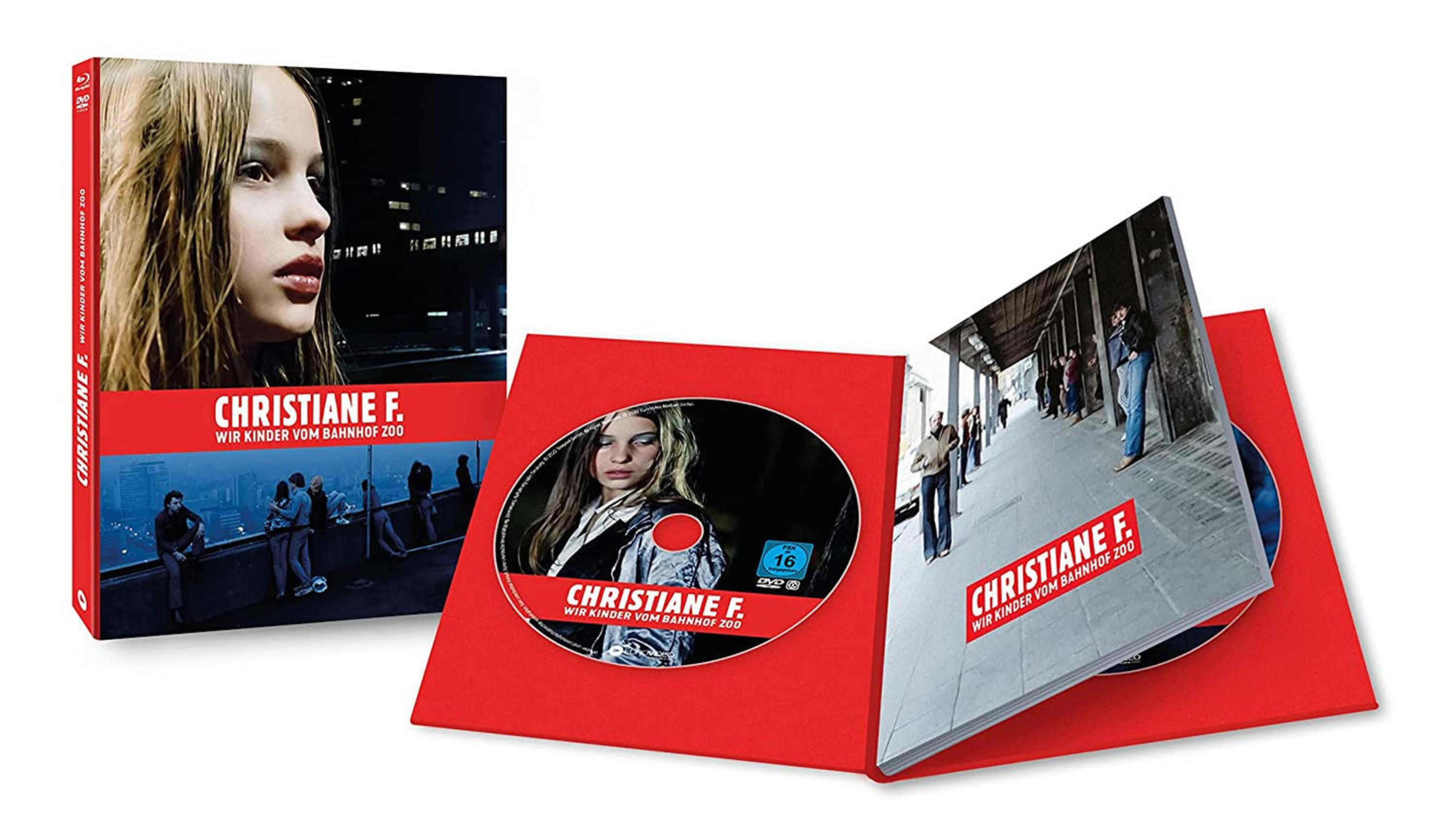 DVD-Set von Christiane F. mit Cover, rotem Etui, CD und integriertem Fotobuch auf weißem Hintergrund.