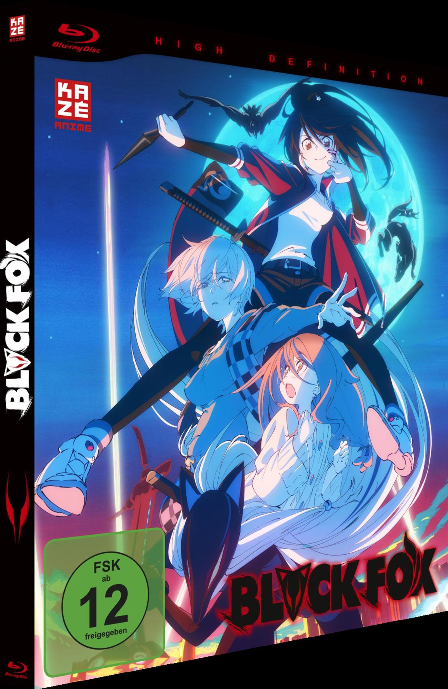 Anime-Blu-ray-Hülle mit drei Figuren vor blauem Mond und Nachthimmel, inklusive FSK-12-Altersfreigabe.