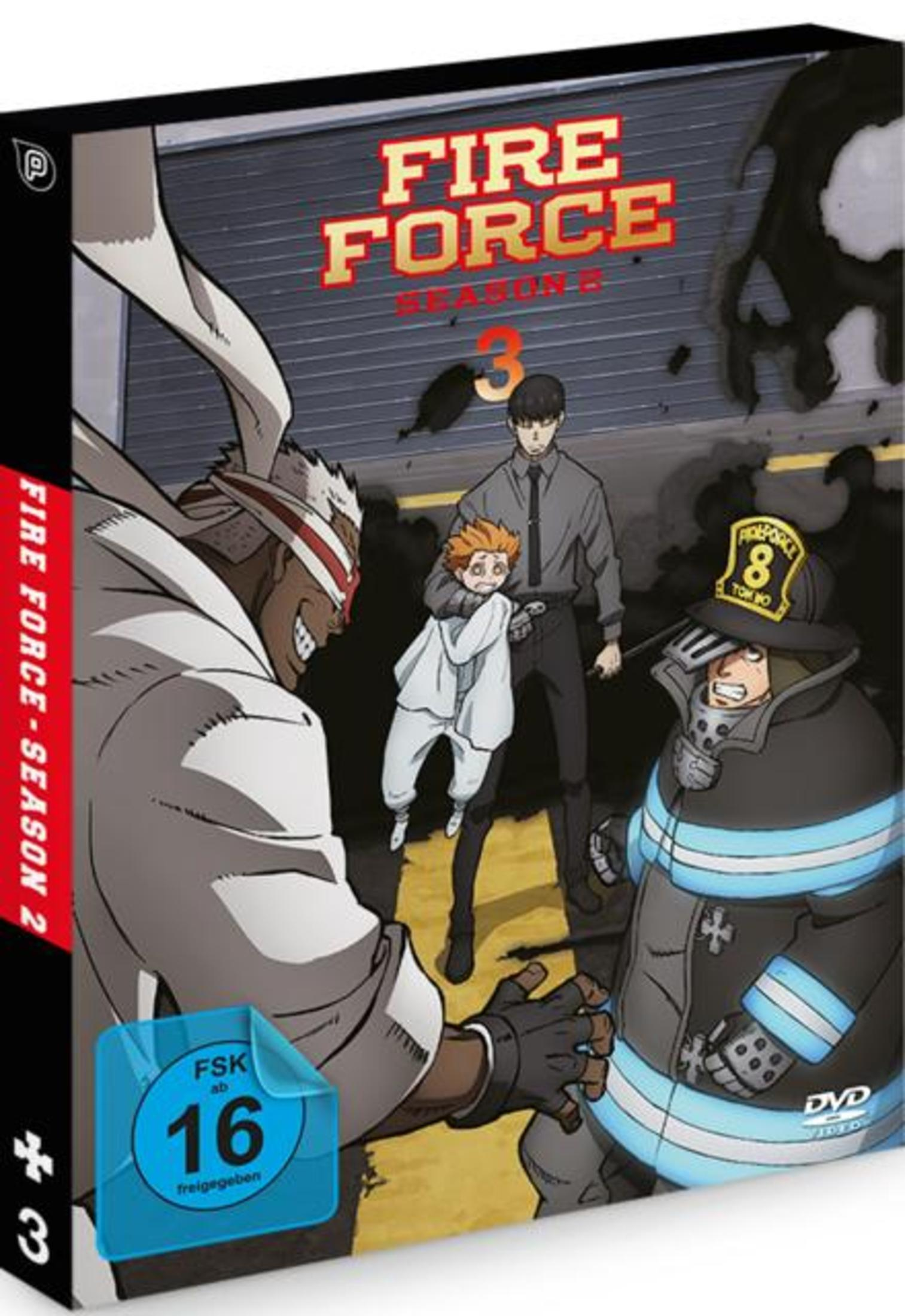 DVD-Cover von Fire Force Staffel 2 mit vier Anime-Charakteren vor einem rauchigen Hintergrund und FSK-16-Logo.