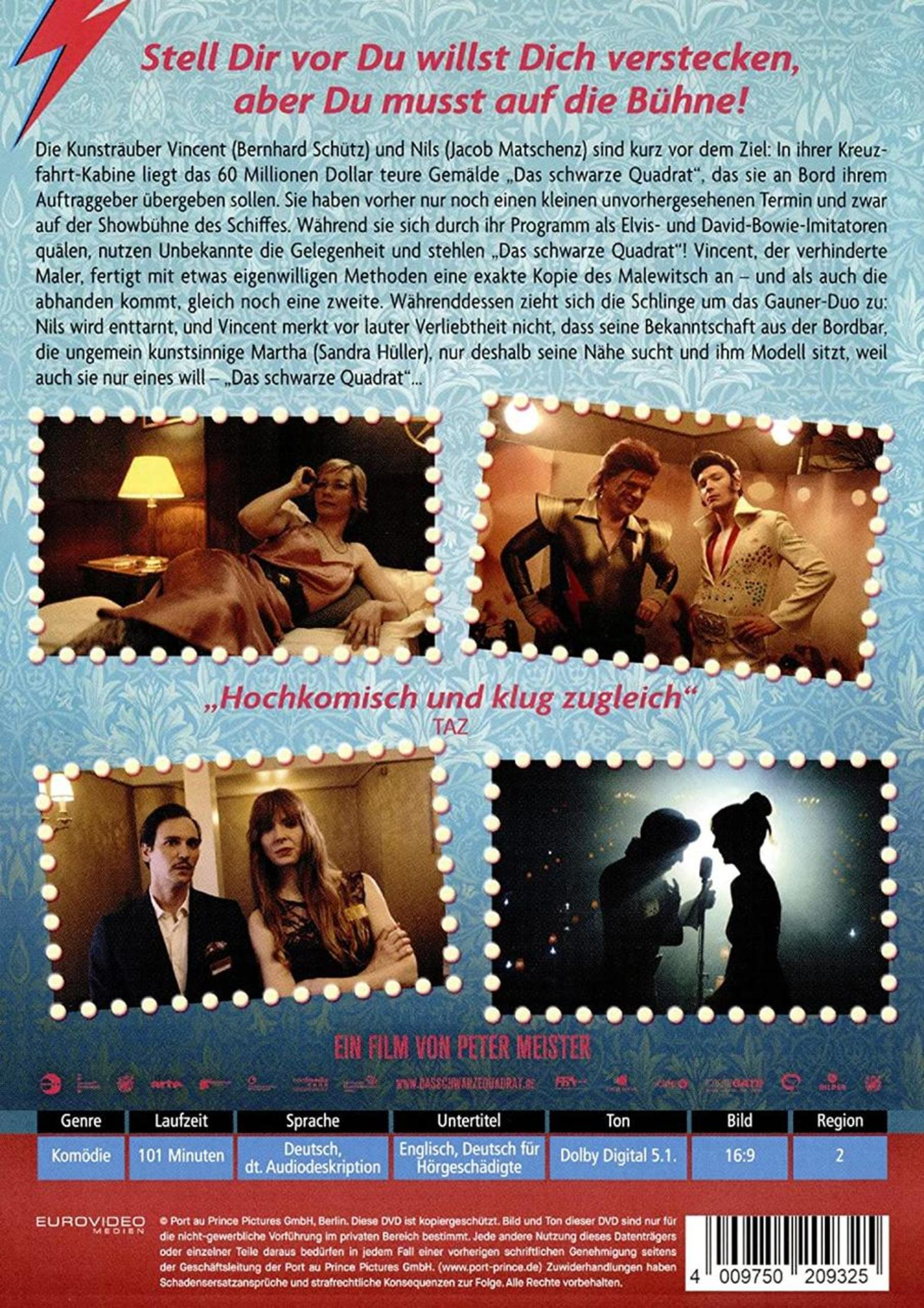 DVD-Rückseite des Komödienfilms Das schwarze Quadrat mit Filmszenen, Besetzungsdetails und Inhaltsangabe.
