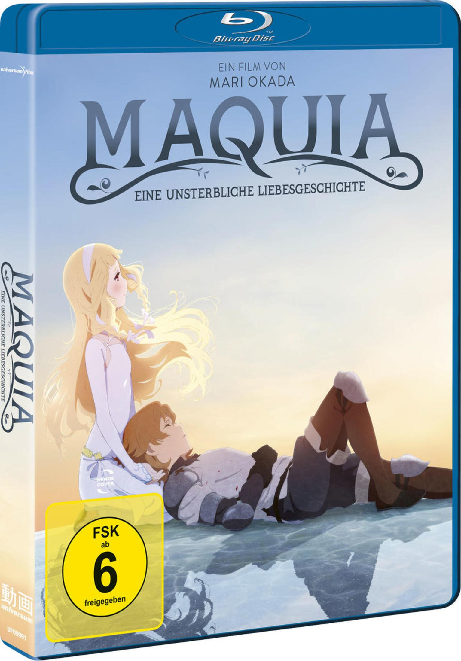 Blu-ray-Hülle des Films Maquia mit einer blonden Frau und einem liegenden Mann vor hellem Himmel.