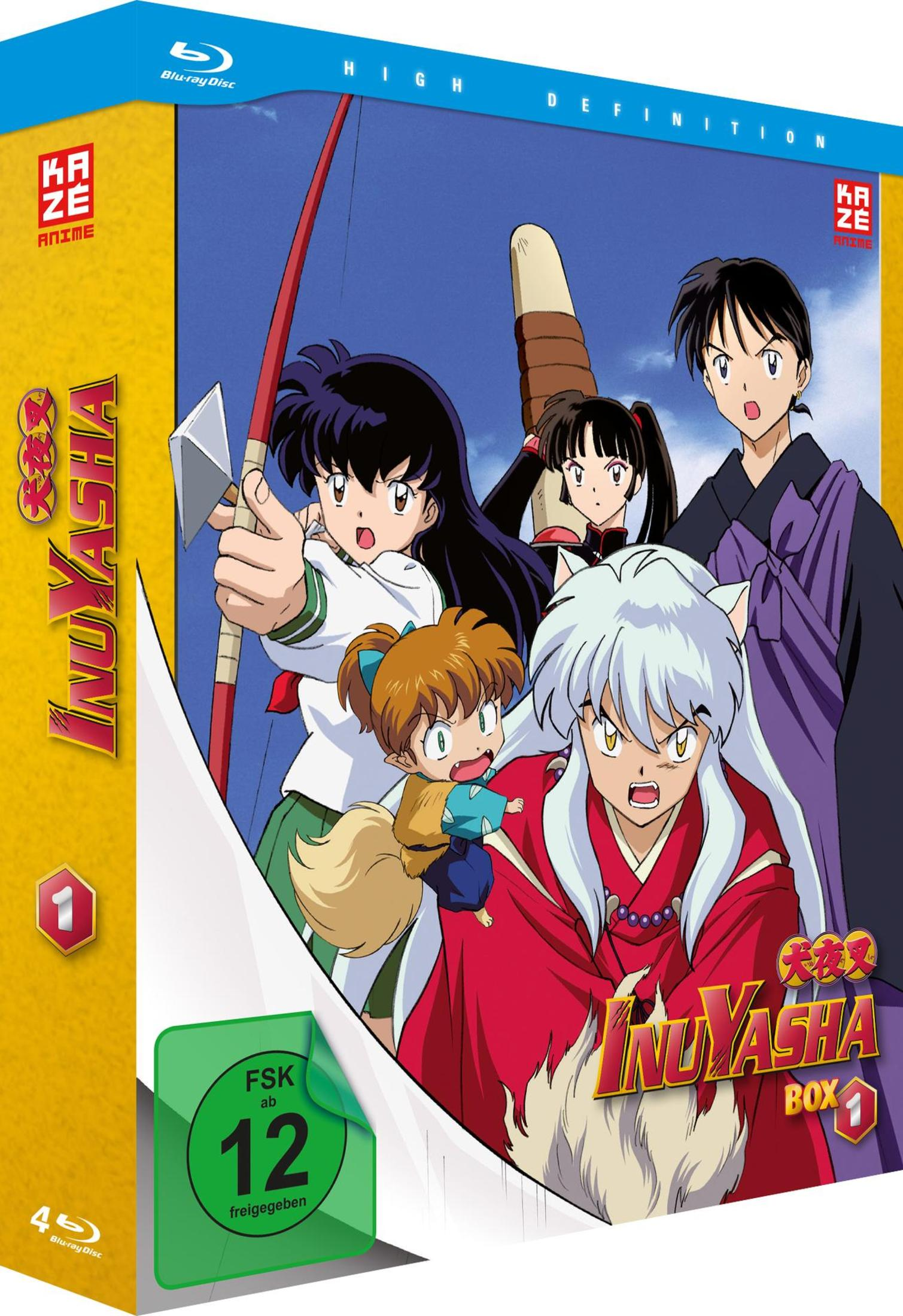 Anime-Blu-ray-Box 1 von InuYasha mit Charakteren wie InuYasha, Kagome und Shippo vor blauem Himmel.