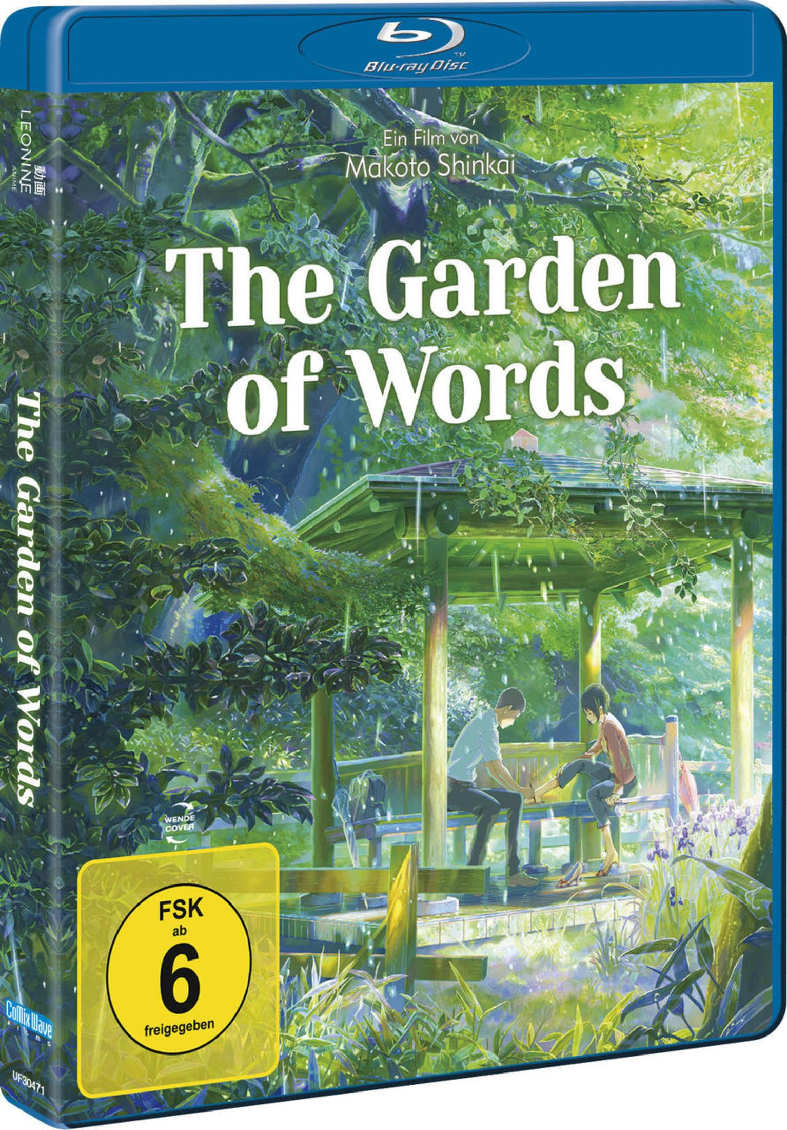 Blu-ray-Cover von 'The Garden of Words' zeigt zwei Personen in einem regnerischen Parkpavillon.