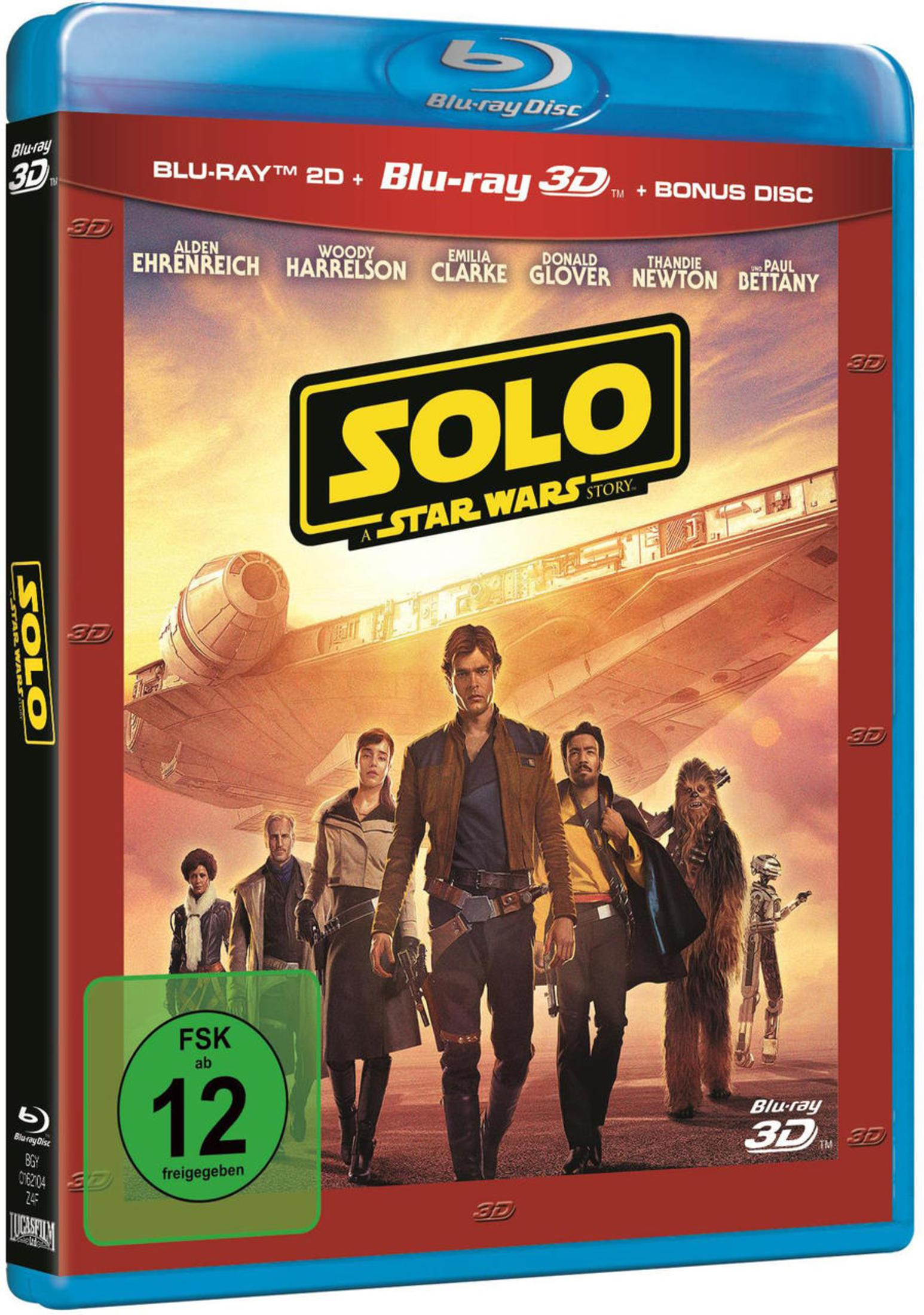 Blu-ray-Hülle von Solo: A Star Wars Story mit Charakteren und dem Millennium Falcon im Hintergrund.