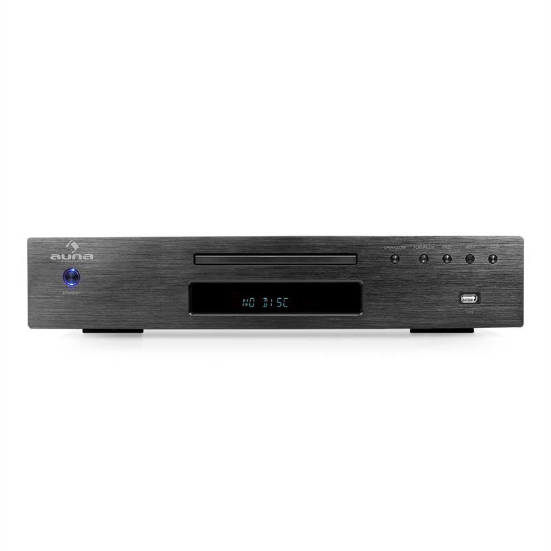Ein schwarzer Auna CD-Player mit blau leuchtendem Standby-Knopf, Display und USB-Anschluss.
