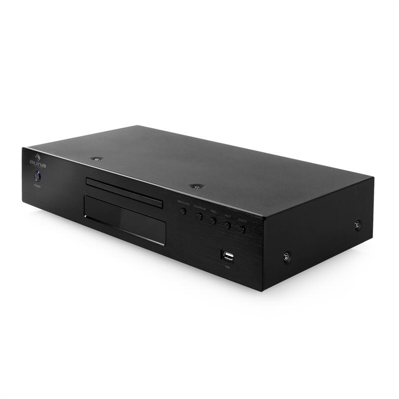 Ein schwarzer Auna CD-Player mit Tasten, USB-Anschluss und blauer Power-LED auf weißem Hintergrund.