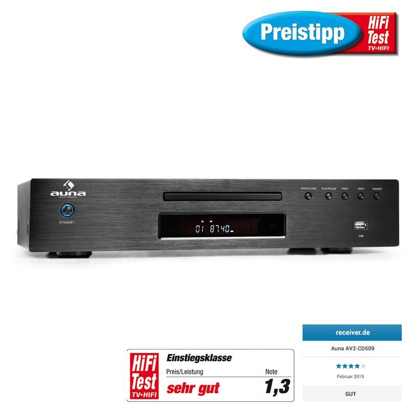 Ein schwarzer Auna CD-Player mit digitalem Display und Testbewertungen oben rechts und unten.