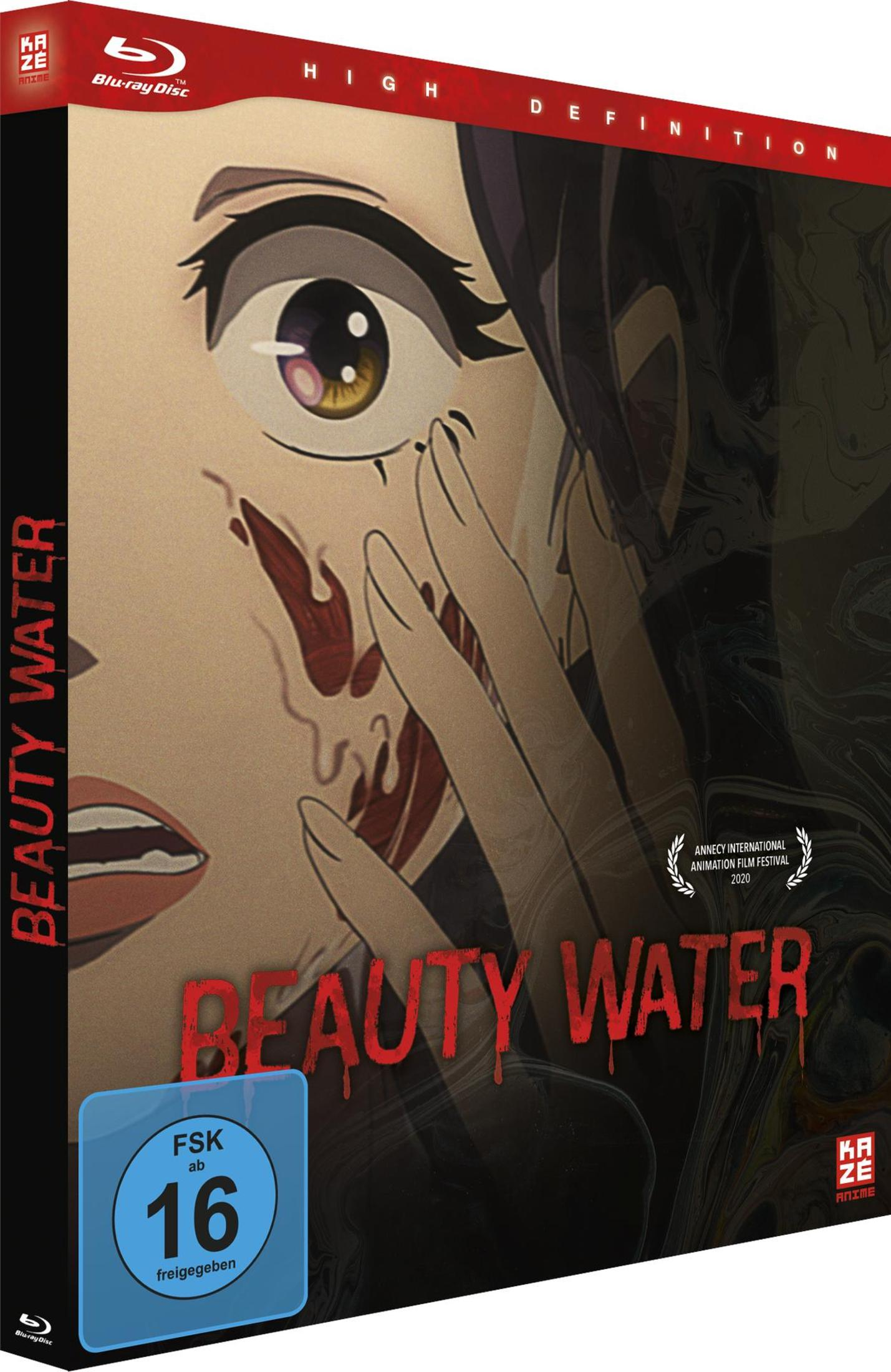 Blu-ray-Cover für Beauty Water mit einer Nahaufnahme eines verängstigten Gesichts mit sich ablösender Haut.