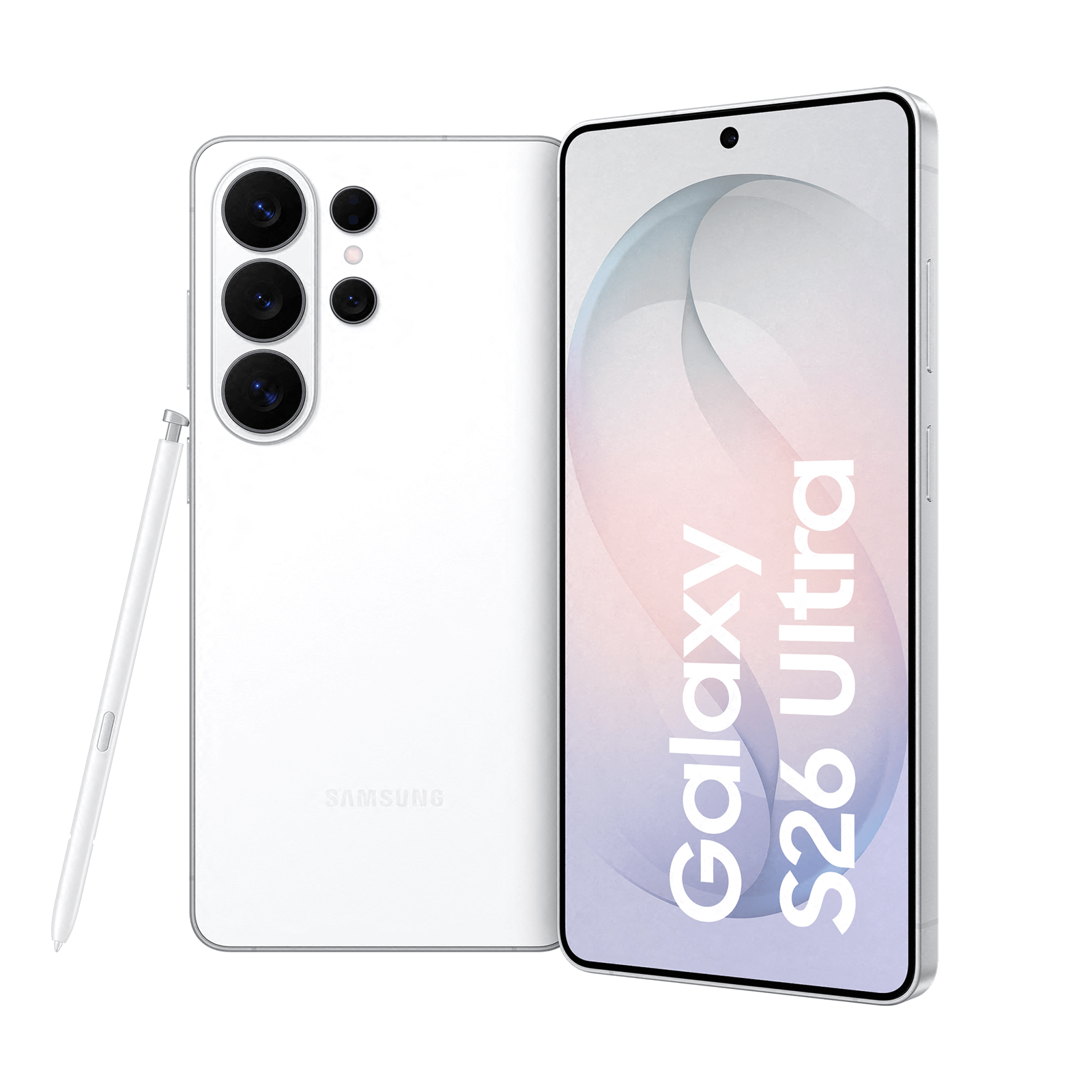 Ein weißes Samsung Galaxy S26 Ultra von vorne und hinten, begleitet von einem passenden Eingabestift auf schwarzem Grund.