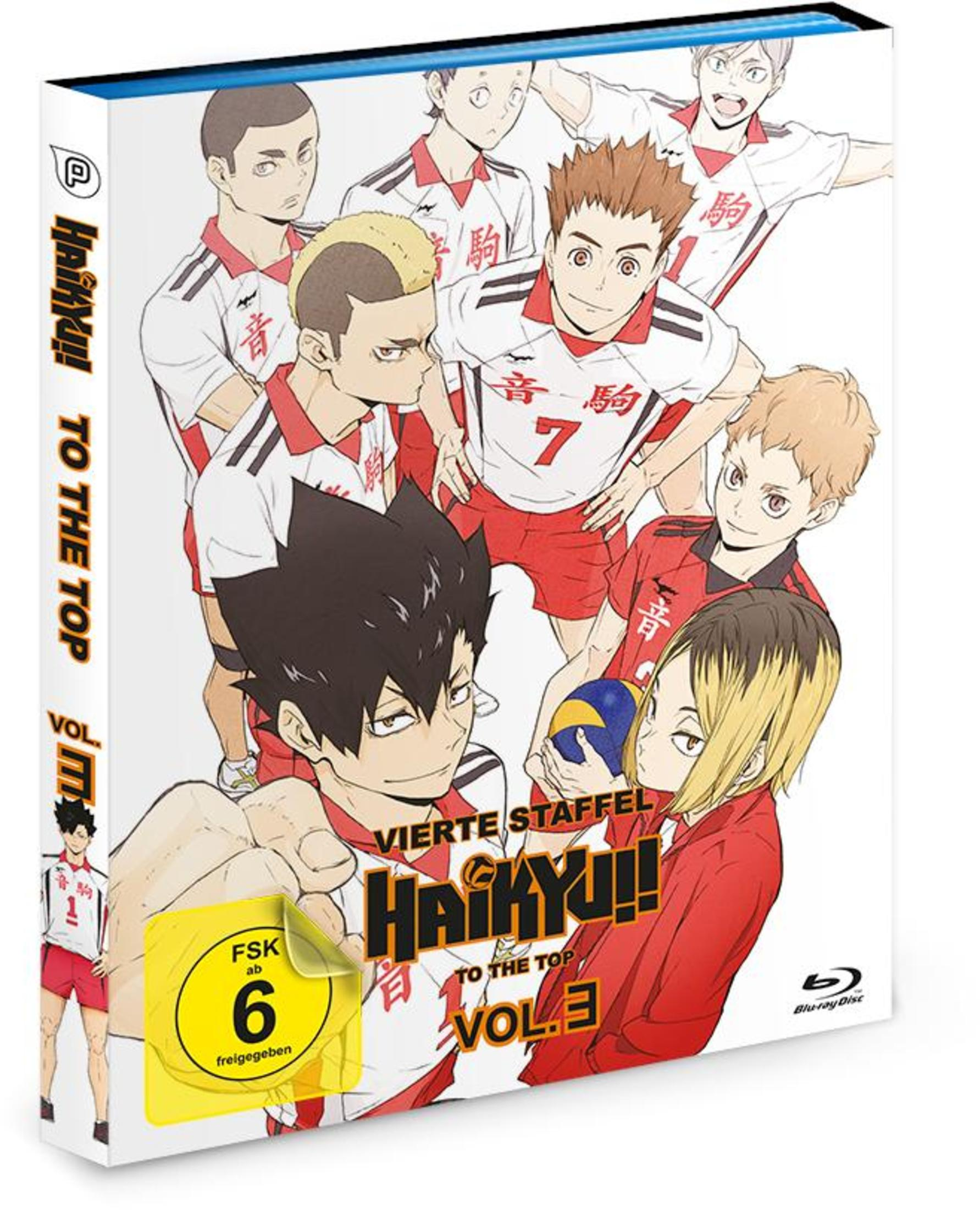 Blu-ray-Hülle für Haikyu!! To The Top Vol. 3 mit Anime-Volleyballspielern in rot-weißen Trikots.