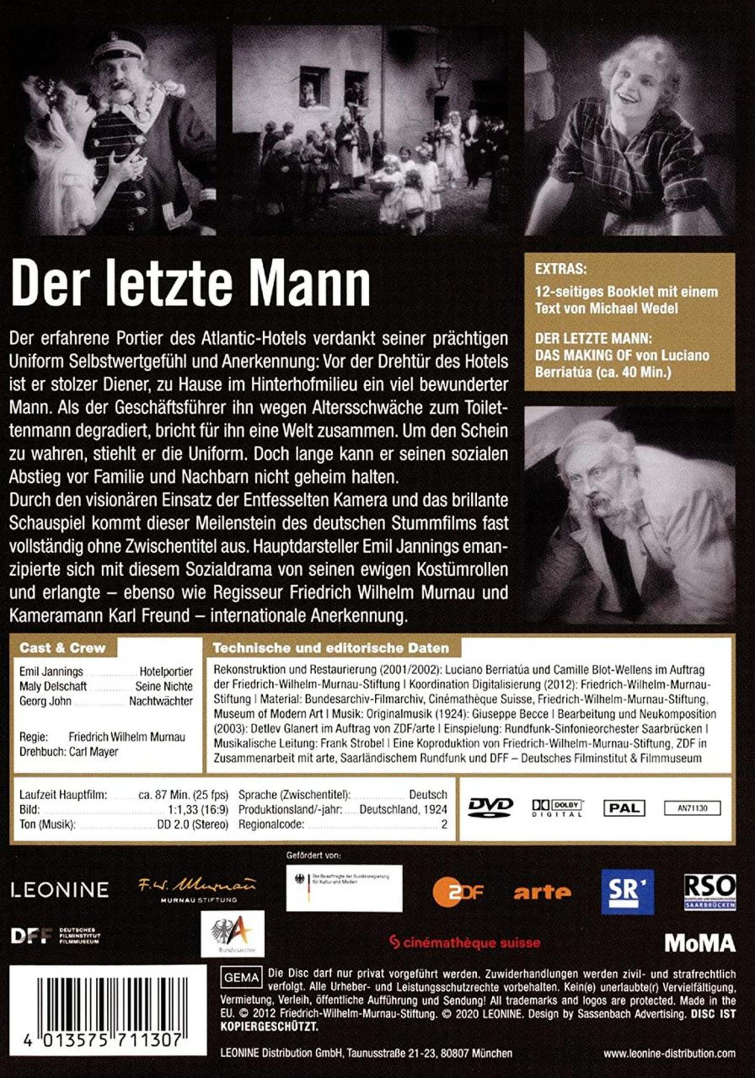 DVD-Cover des Films Der letzte Mann mit Texten, Besetzung und Szenenbildern aus dem Stummfilm.