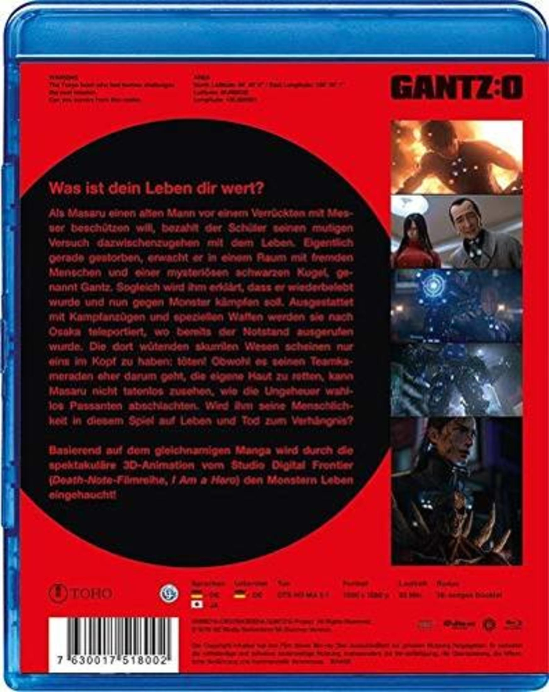 Rückseite einer Blu-ray Hülle von Gantz:O mit rotem Hintergrund, deutscher Textbeschreibung und vier Szenenbildern.