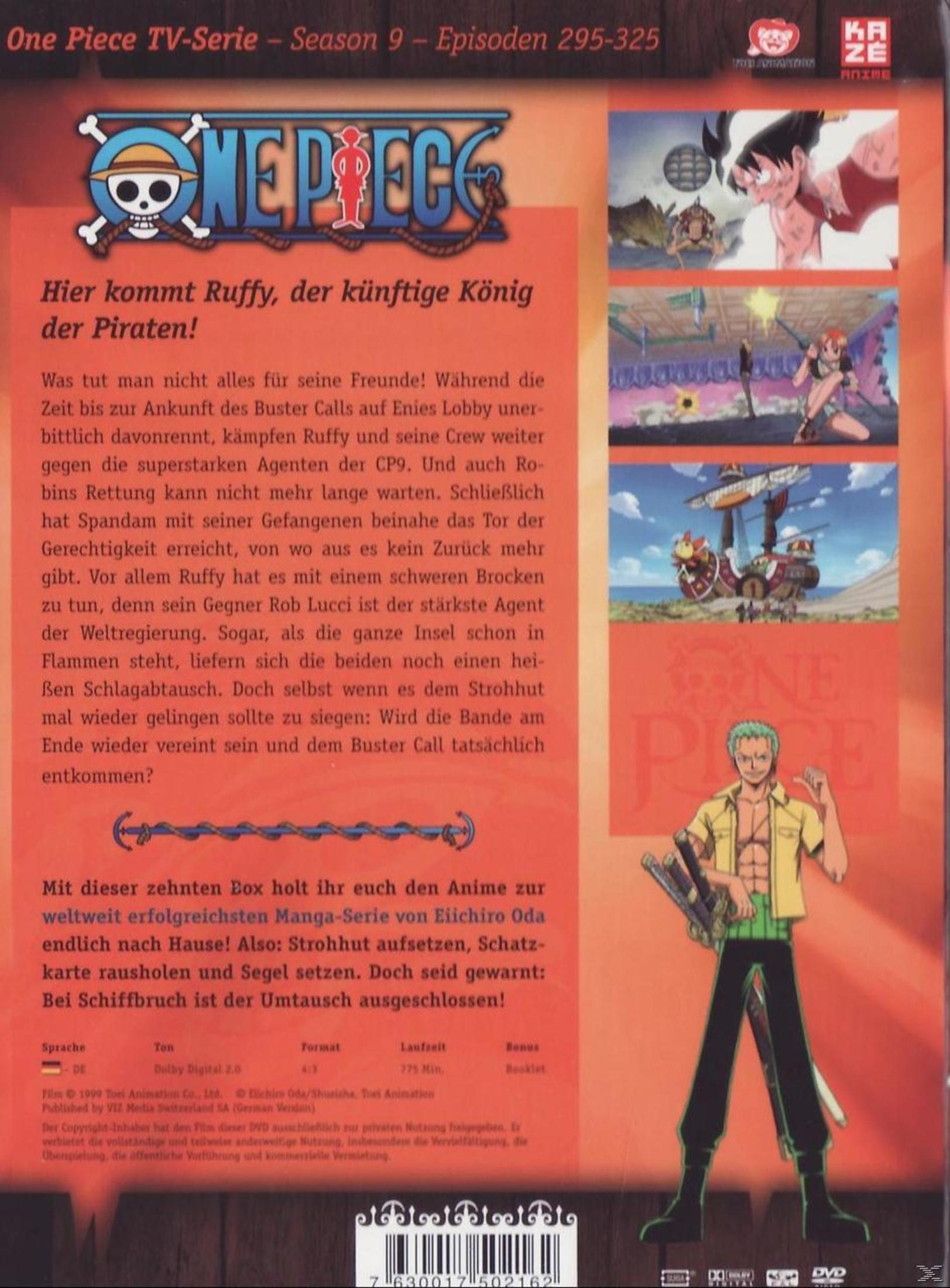 Rückseite der One Piece Staffel 9 DVD-Hülle mit Text, Animeszenen und einem grünhaarigen Schwertkämpfer.