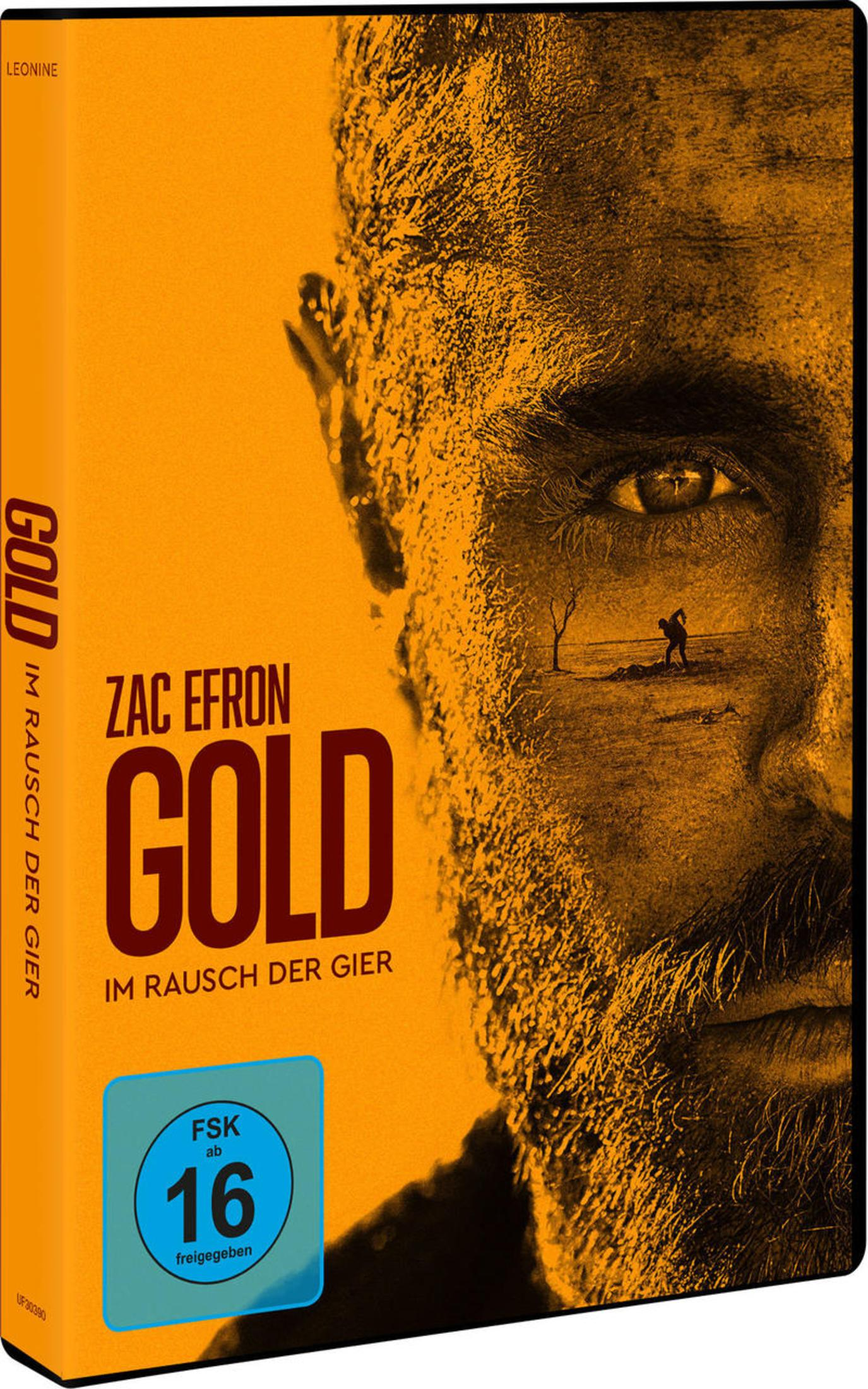DVD-Cover von Gold mit Zac Efron. Ein orangefarbenes Porträt zeigt im Auge die Szene eines Mannes in der Wüste.