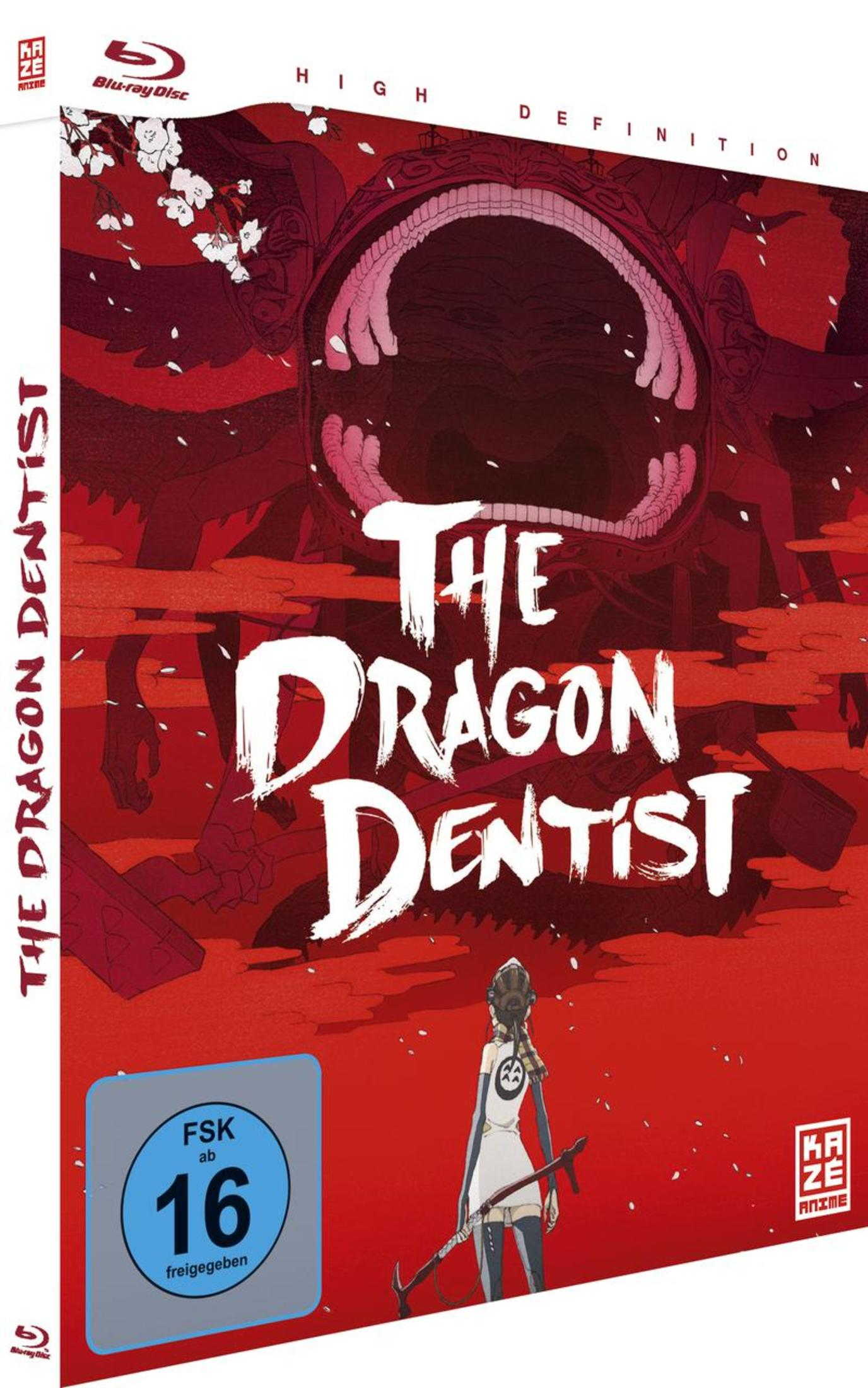Blu-ray Cover von The Dragon Dentist zeigt ein Mädchen mit Waffe vor einem riesigen Drachenmaul in Rot.