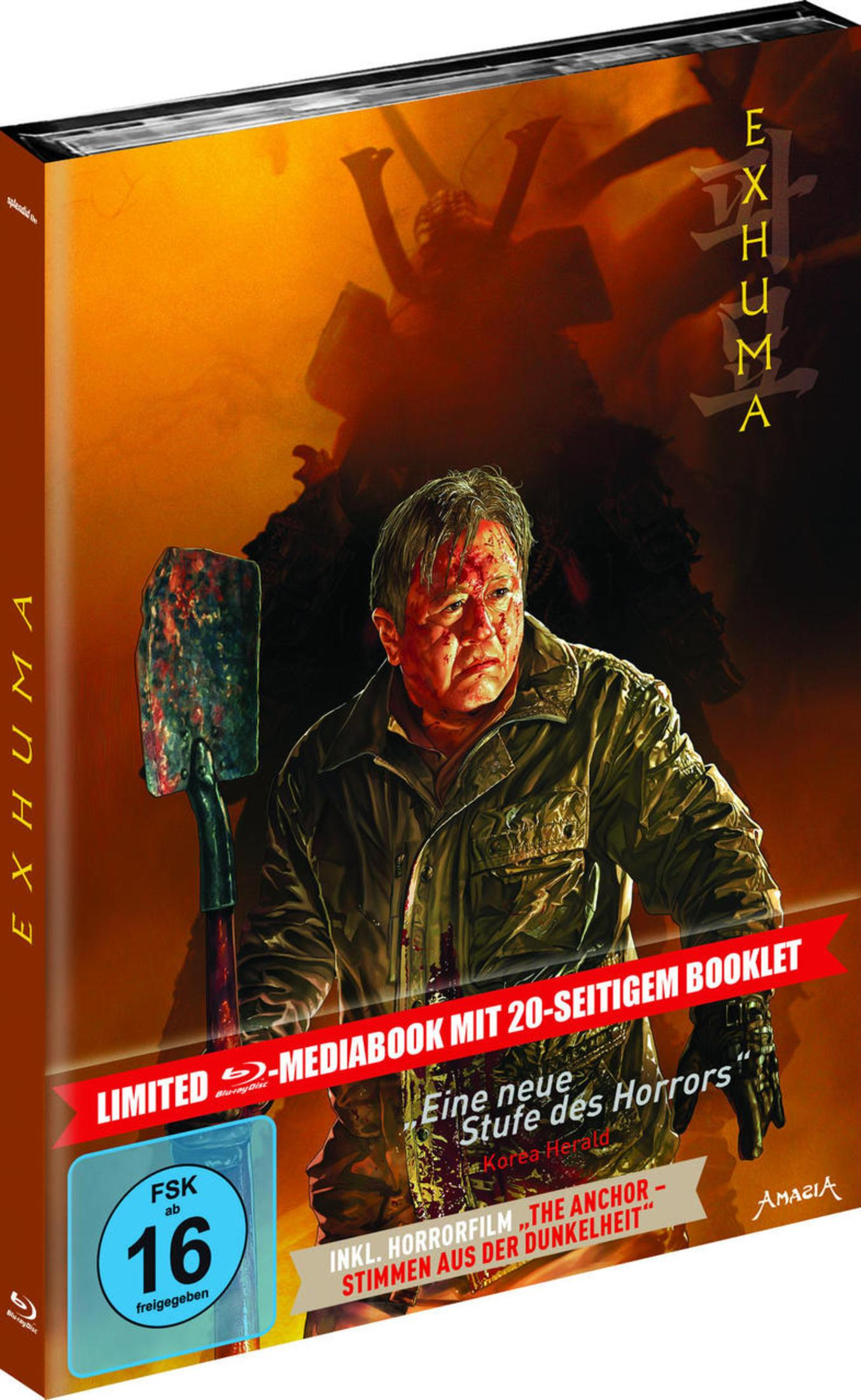 Blu-ray-Mediabook mit blutverschmiertem Mann mit Schaufel und finsterem Samurai im Hintergrund vor gelbem Himmel.