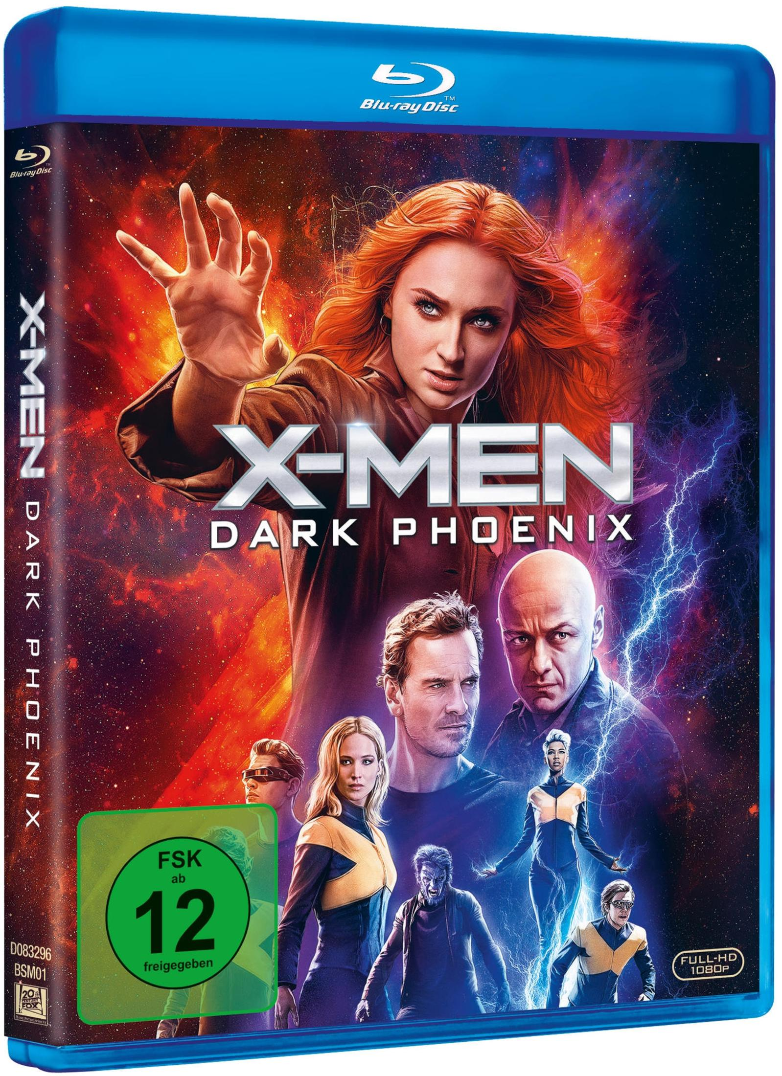 Blu-ray-Hülle von X-Men: Dark Phoenix mit Hauptfiguren vor rotem und blauem Hintergrund und einer FSK-12-Altersfreigabe.